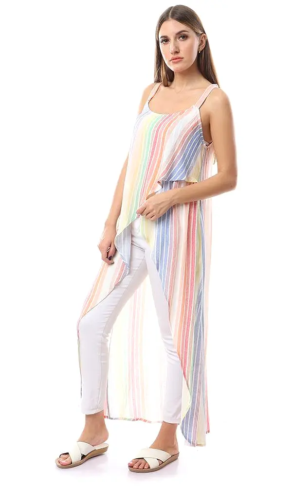 56957 Straps Sleeves Multicolour High Low Stripe Top