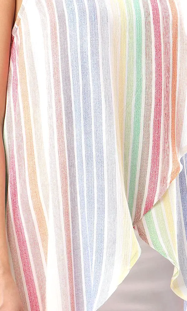 56957 Straps Sleeves Multicolour High Low Stripe Top