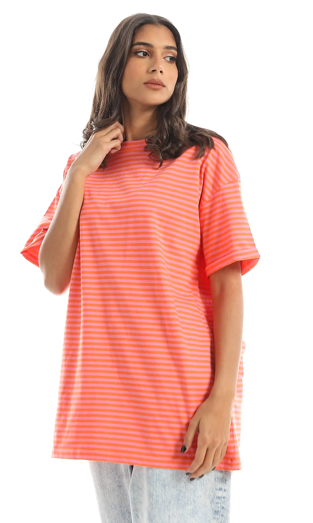 97622 Striped Loose Short Sleeves Orange & Pink Tee