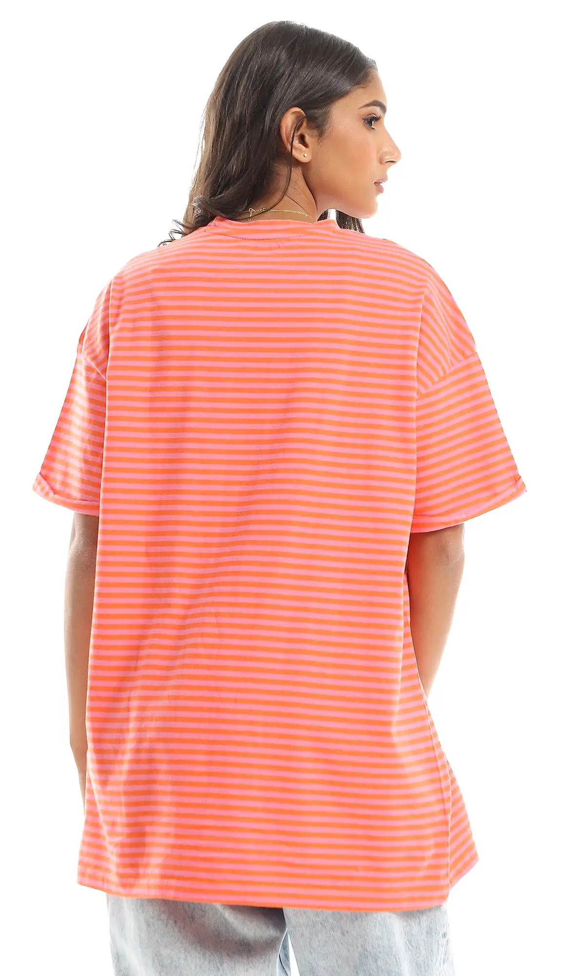 97622 Striped Loose Short Sleeves Orange & Pink Tee