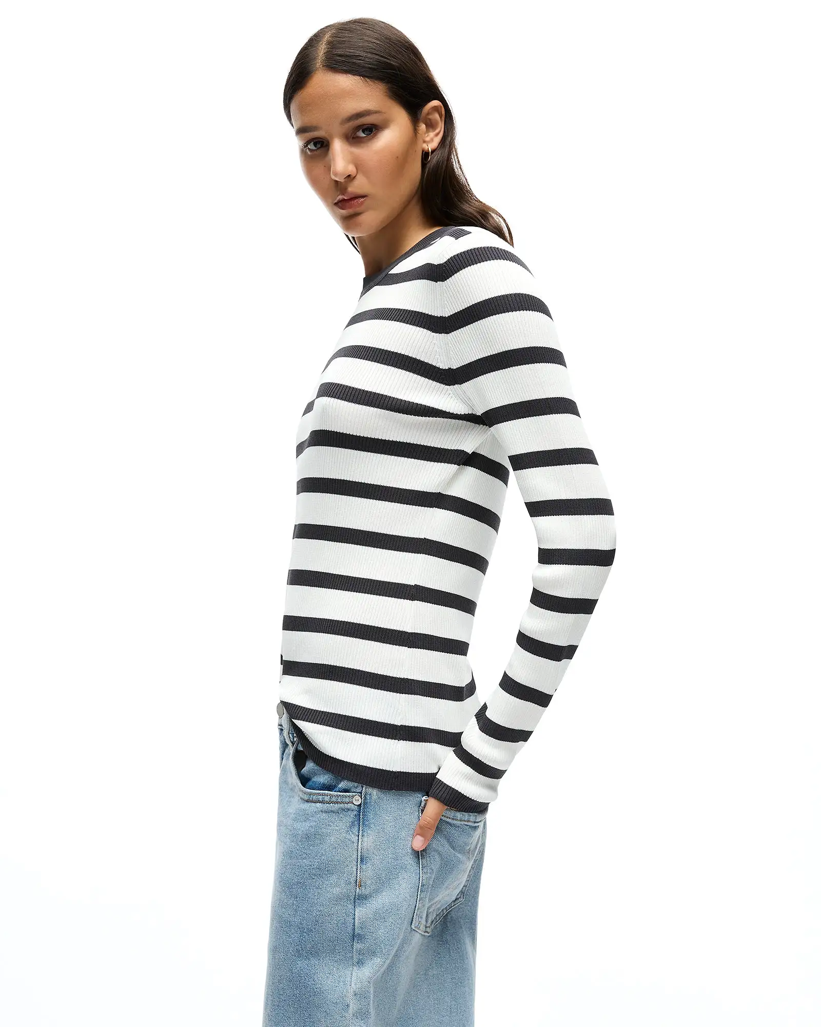 AGNES LONG SLEEVE KNIT TOP - CHARCOAL STRIPE