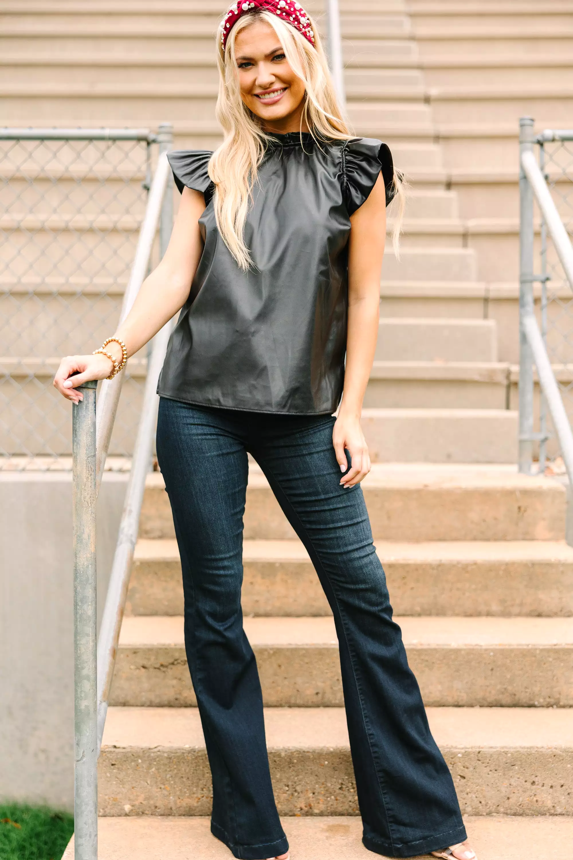 All About It Black Faux Leather Blouse