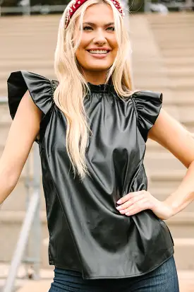 All About It Black Faux Leather Blouse