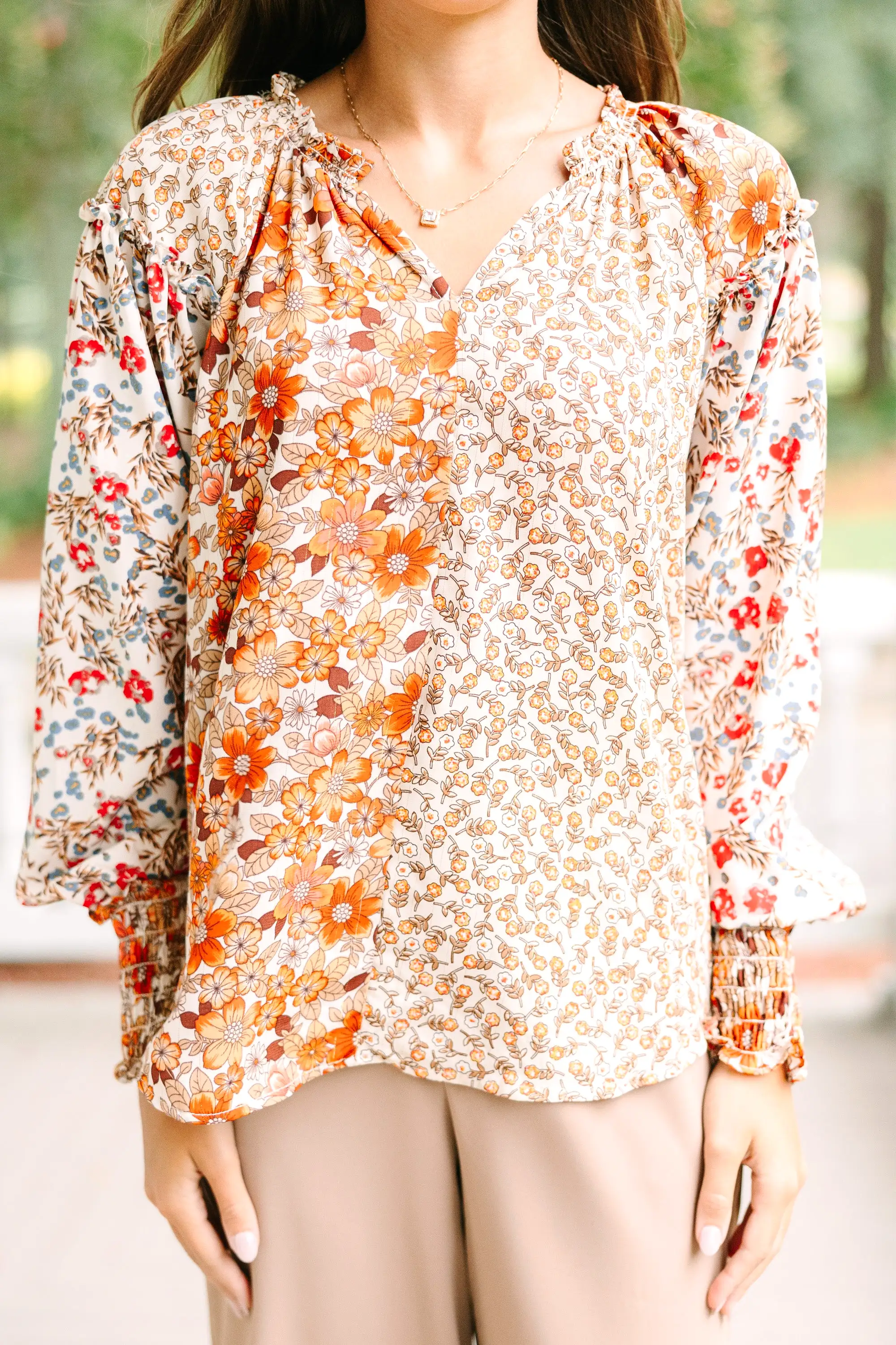 All Hope Taupe Brown Ditsy Floral Blouse