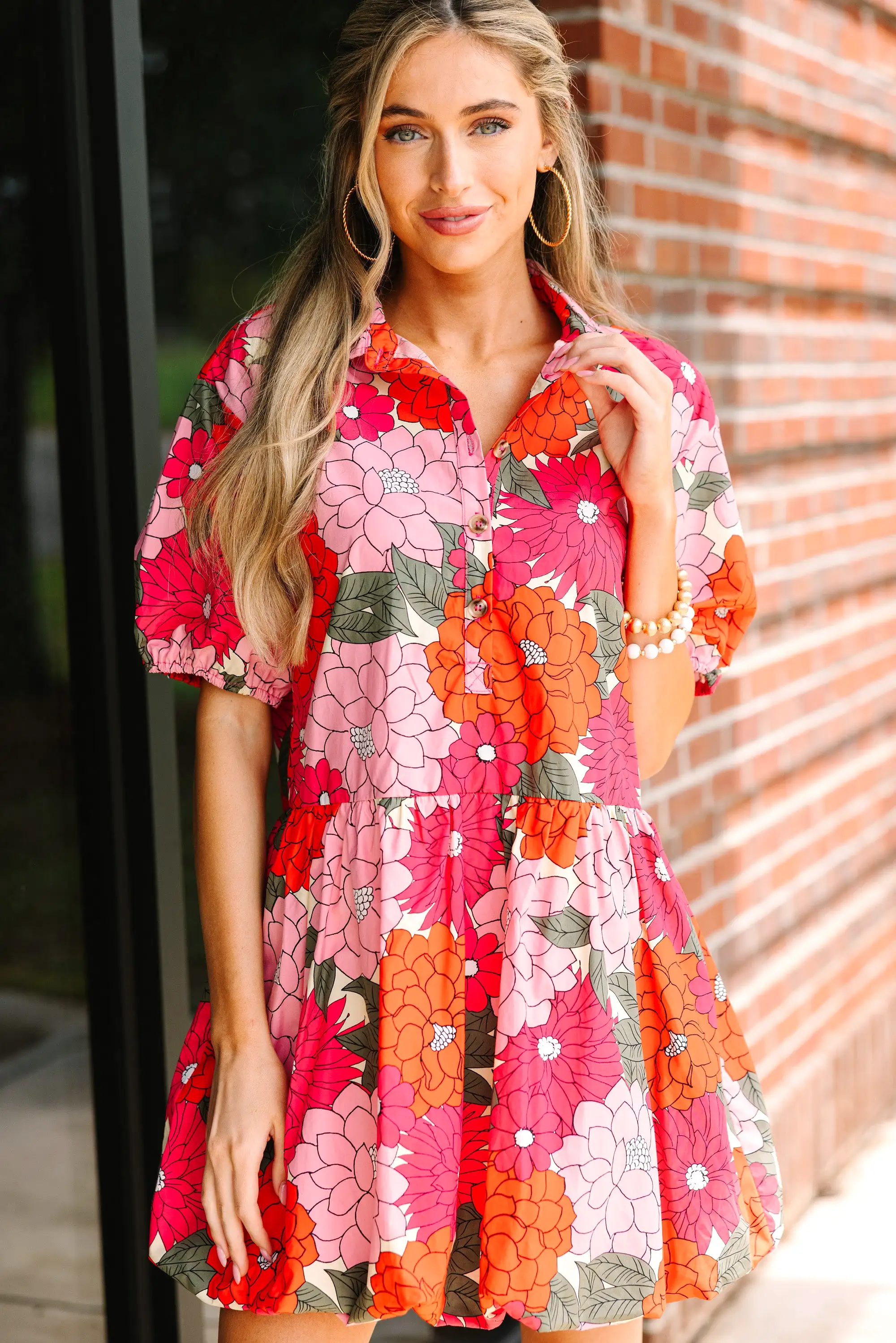 All On Your Own Coral Orange Floral Babydoll Dress