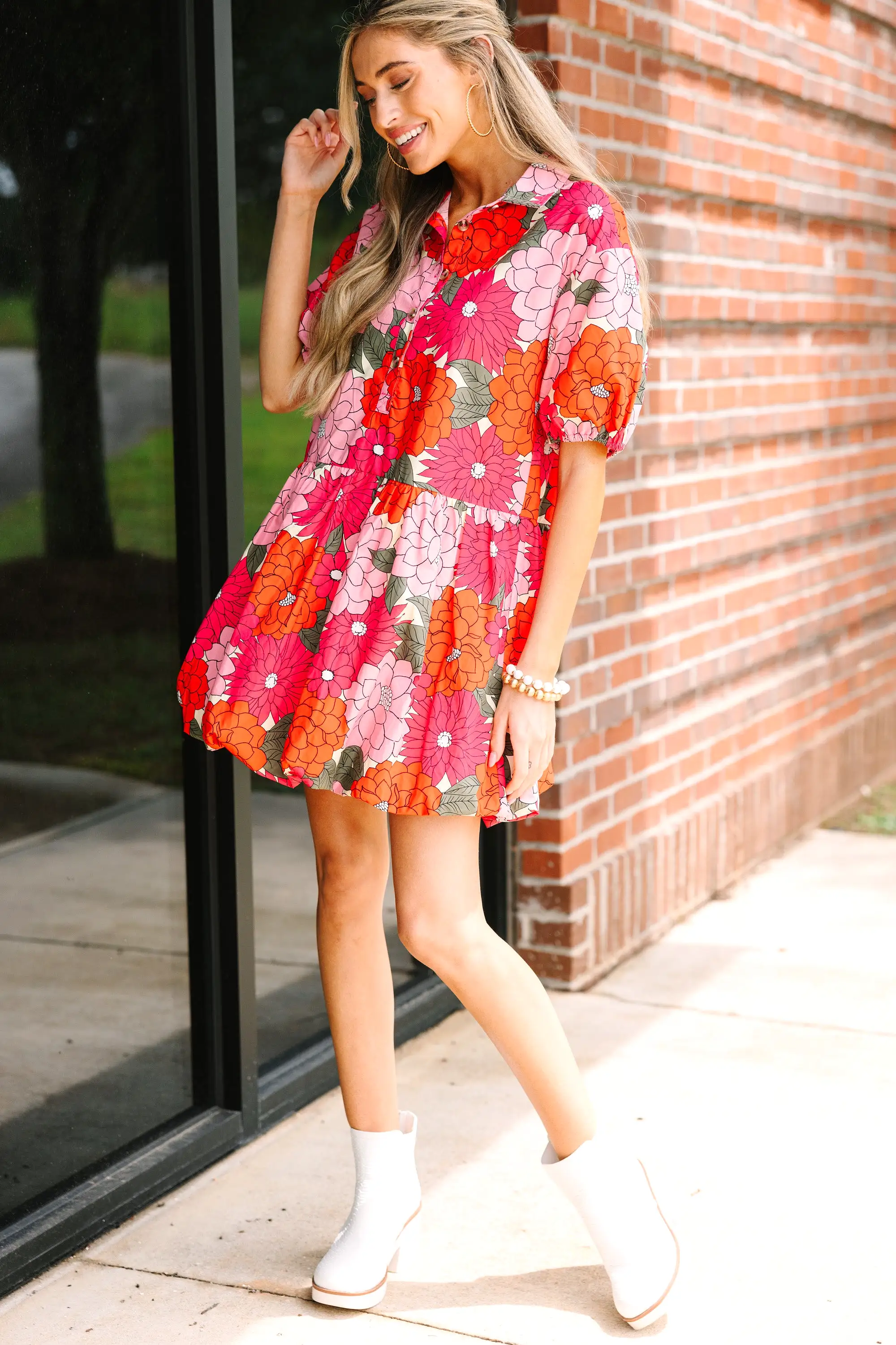 All On Your Own Coral Orange Floral Babydoll Dress