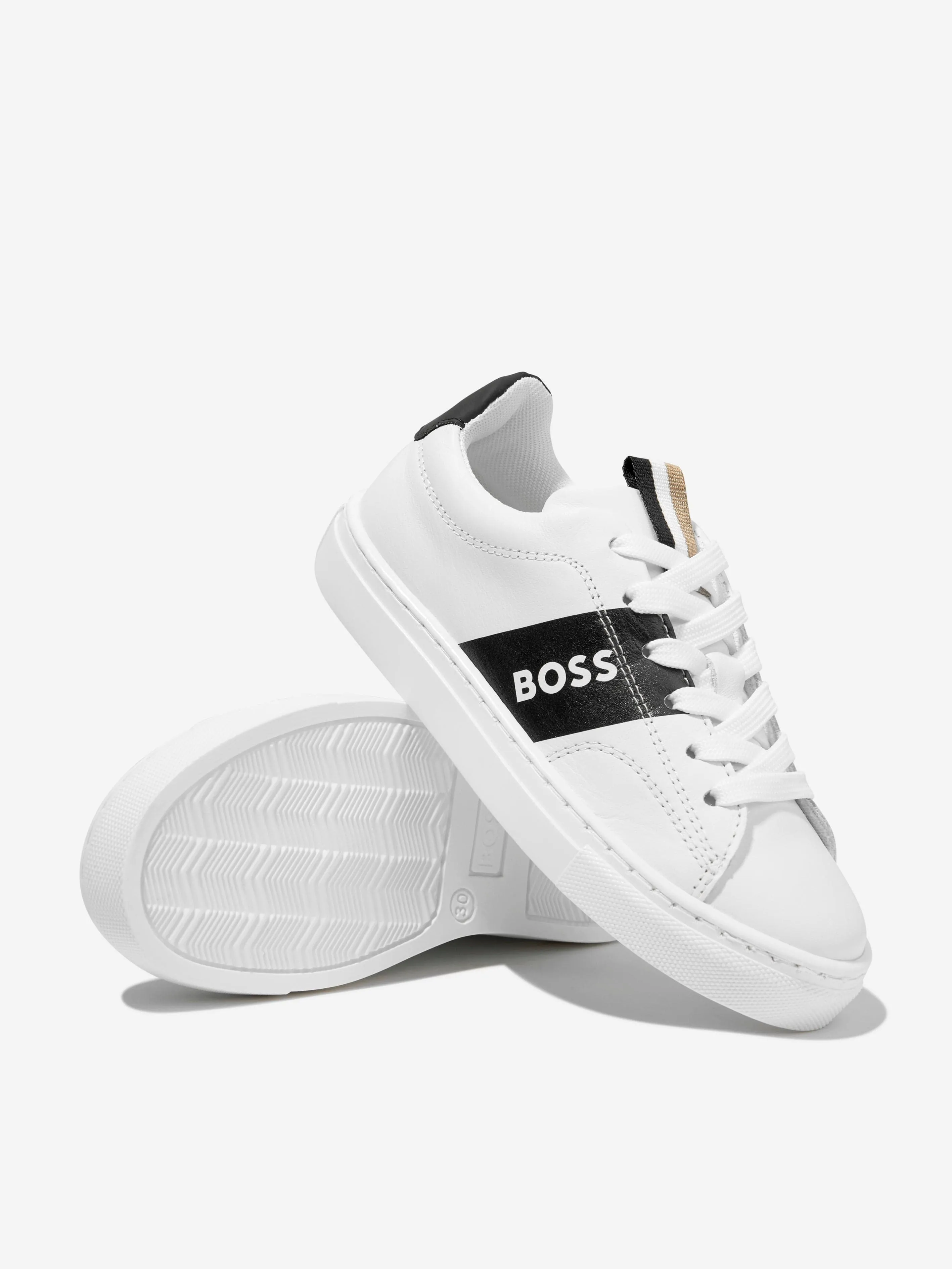 BOSS - Boys Leather Logo Trainers in White | Childsplay Clothing