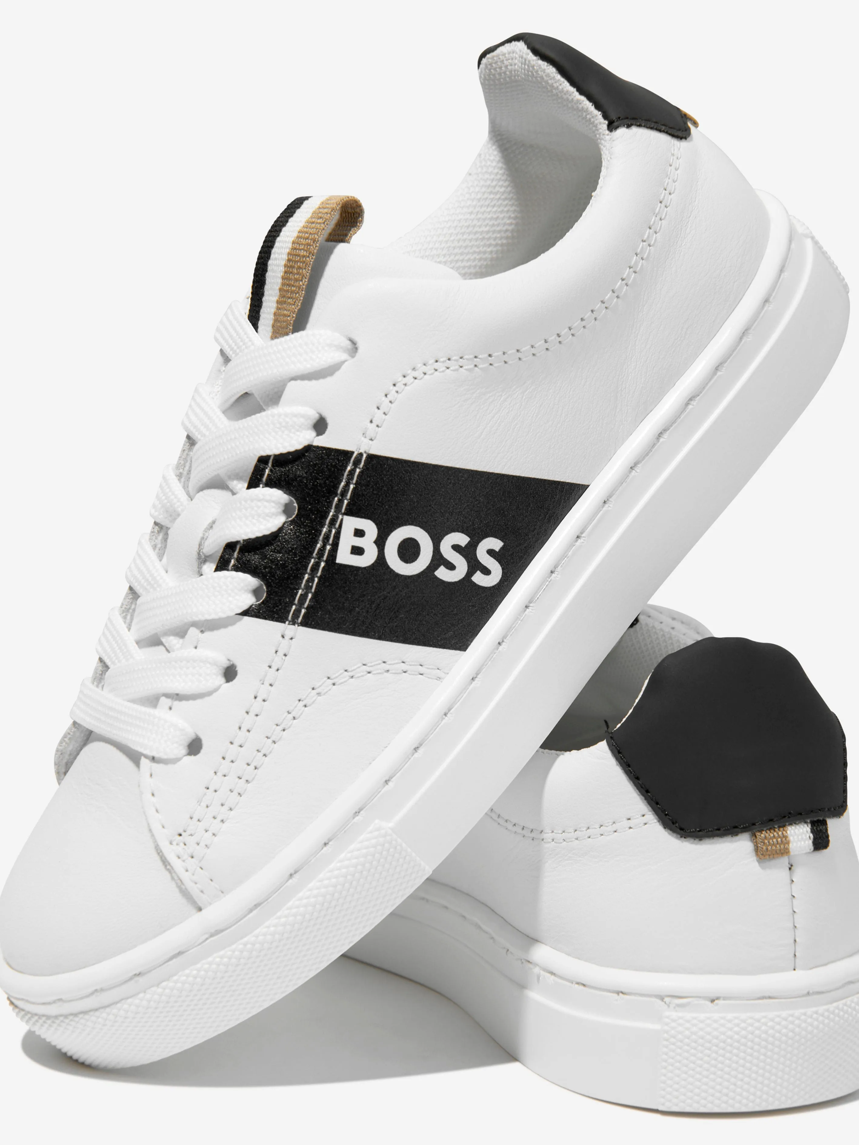 BOSS - Boys Leather Logo Trainers in White | Childsplay Clothing