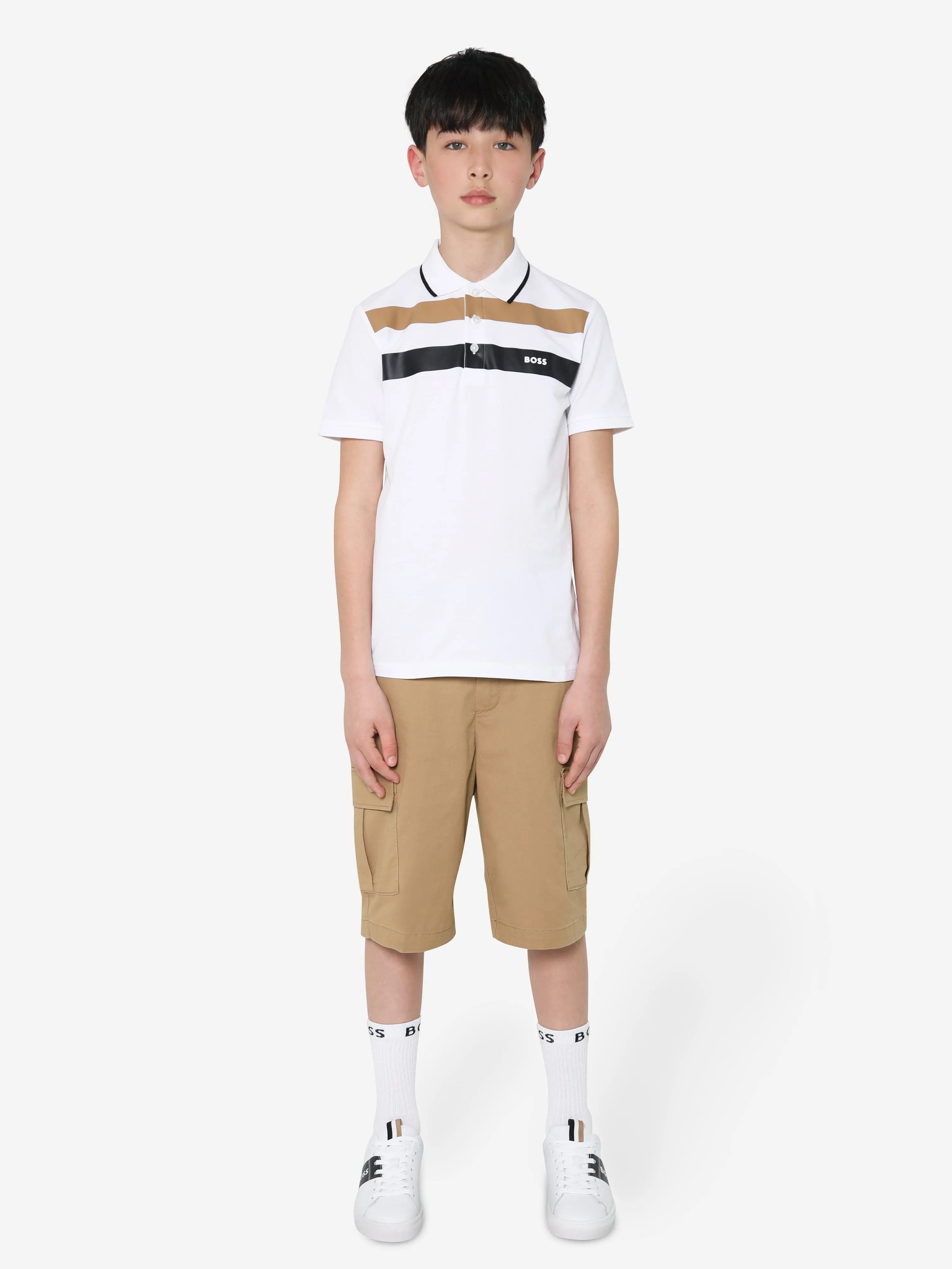 BOSS - Boys Striped Polo Shirt In White | Childsplay Clothing