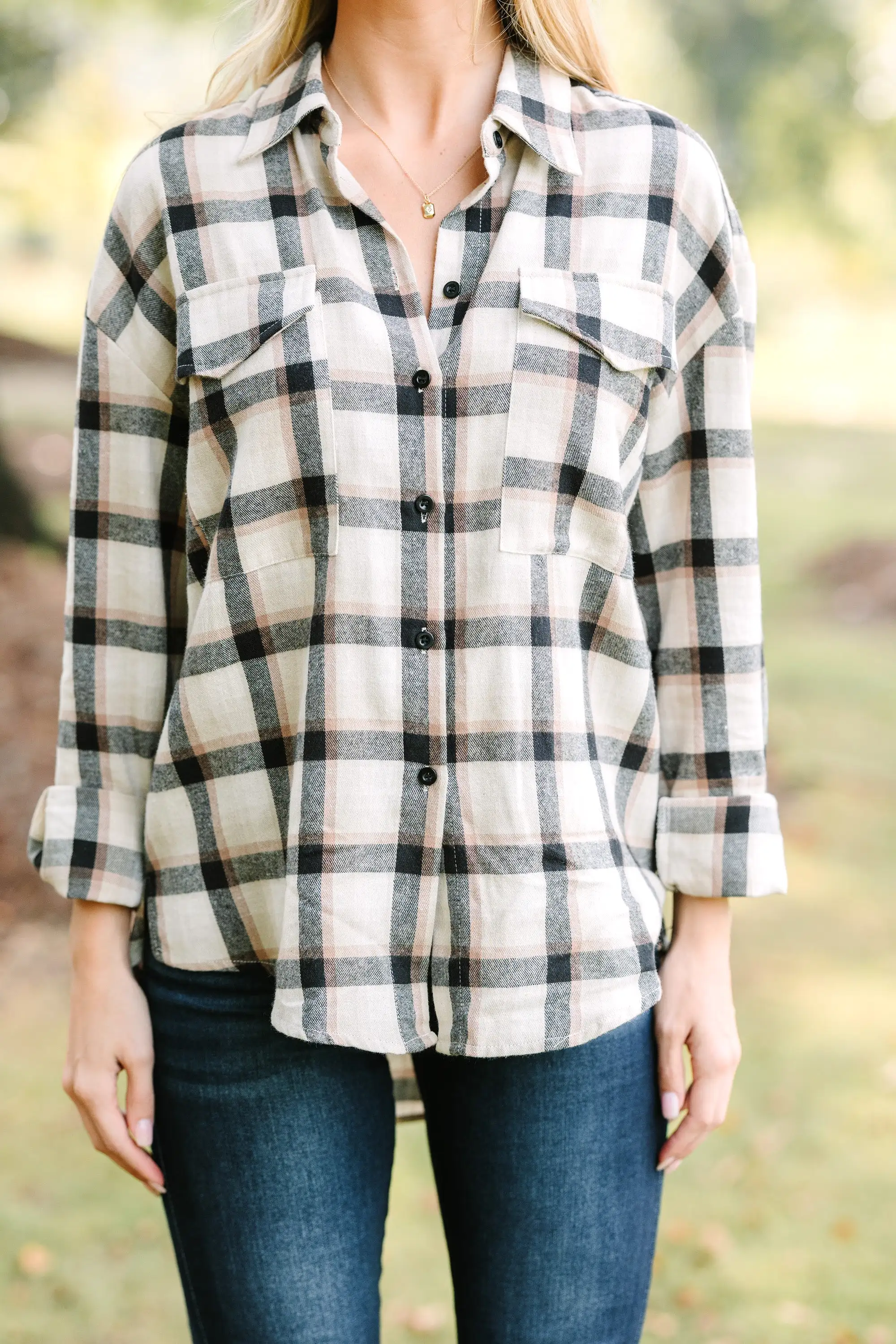 Check It Out Tan Brown Plaid Blouse