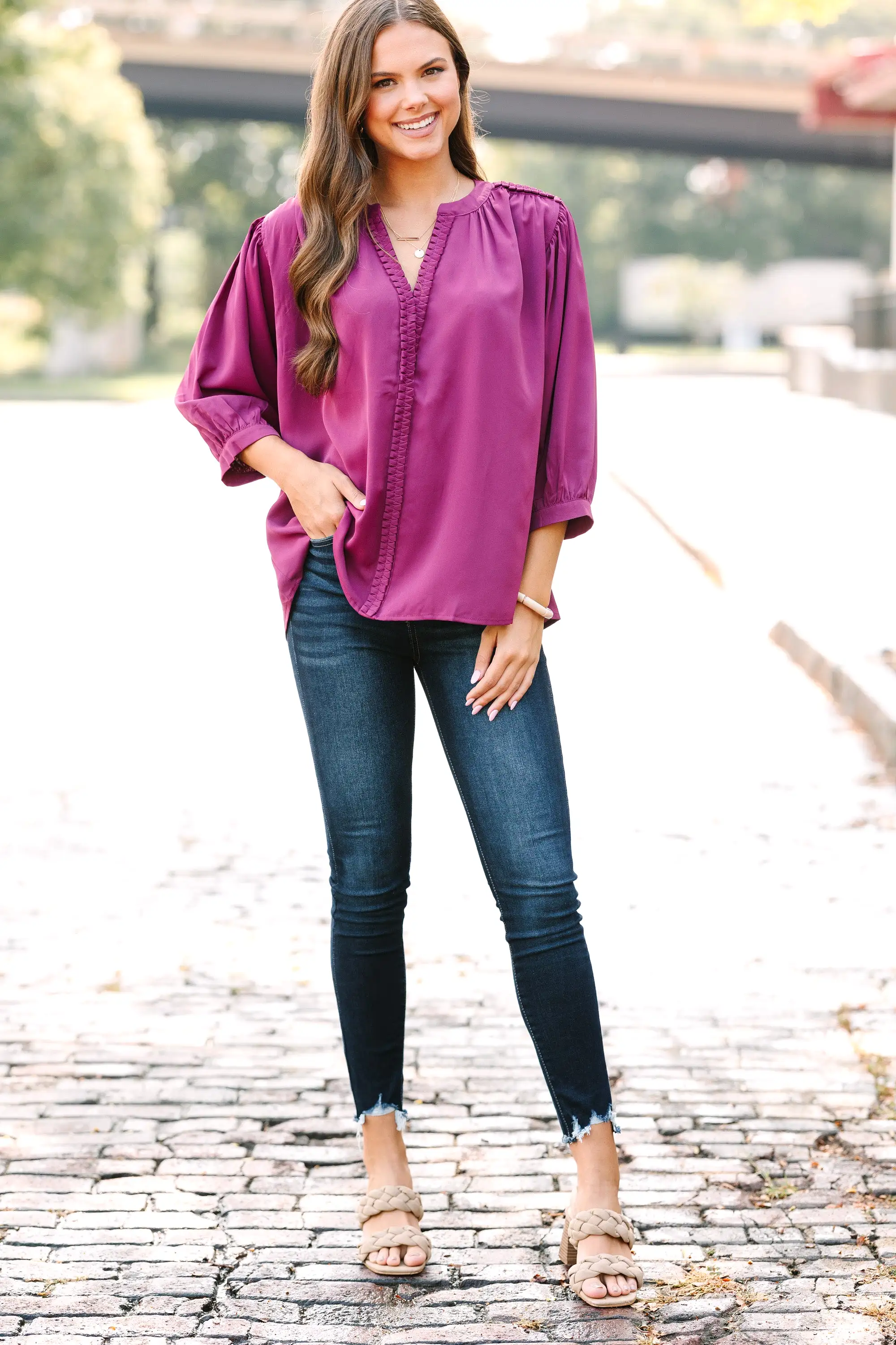 Easy Days Ahead Plum Purple Textured Trim Blouse