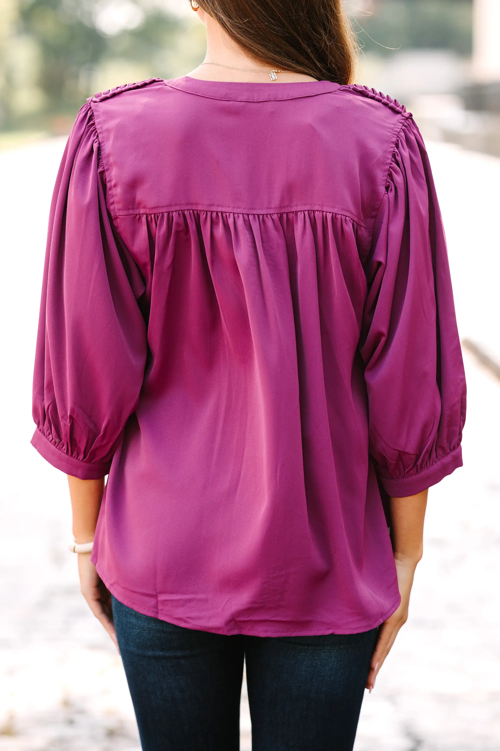 Easy Days Ahead Plum Purple Textured Trim Blouse