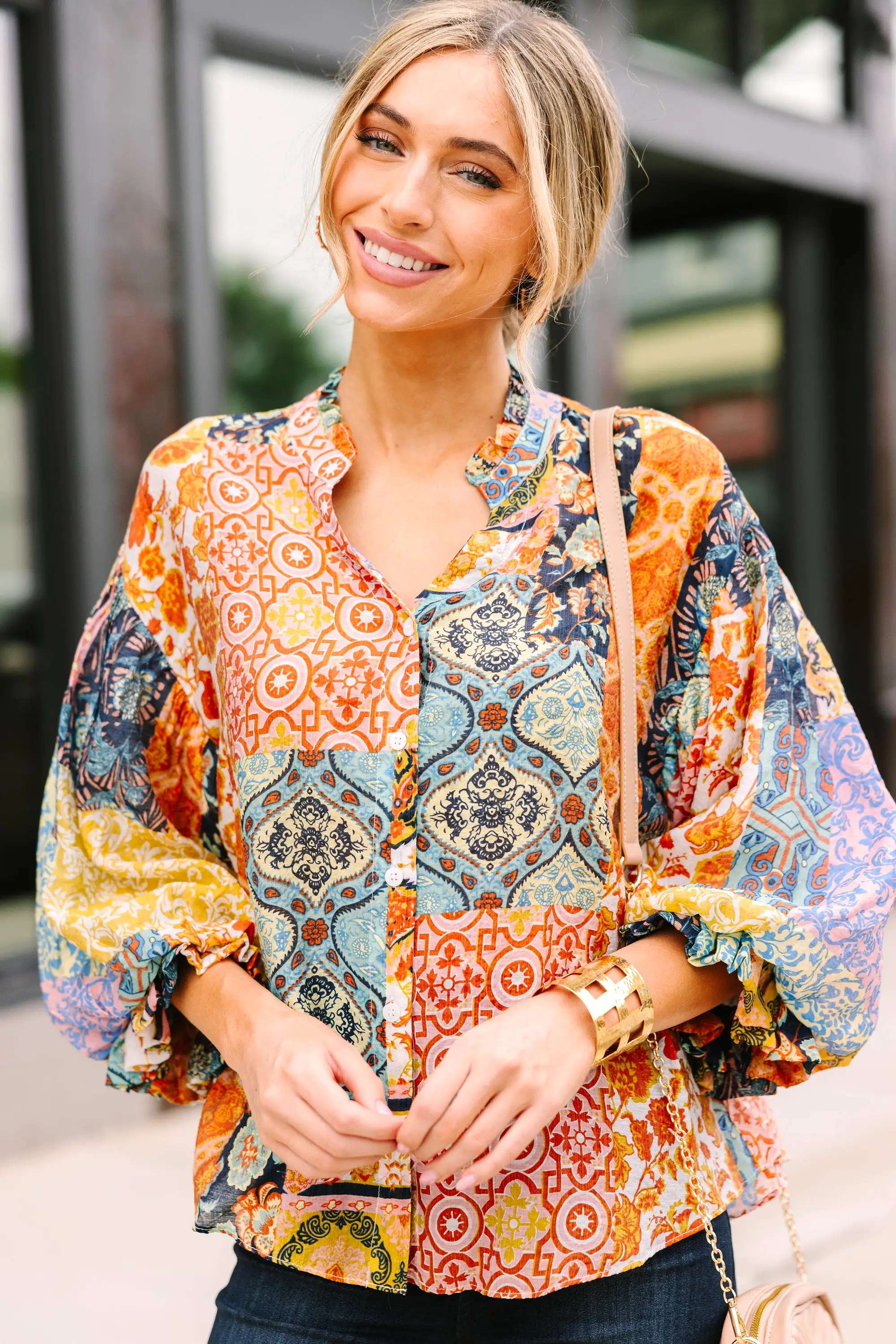 Fate: Soul Searching Mustard Yellow Mixed Print Blouse