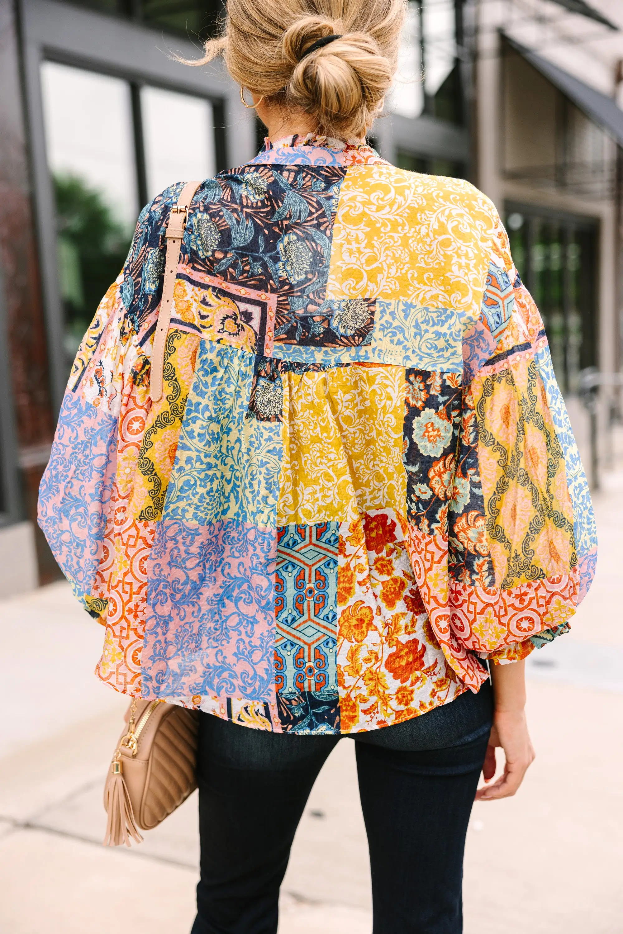 Fate: Soul Searching Mustard Yellow Mixed Print Blouse