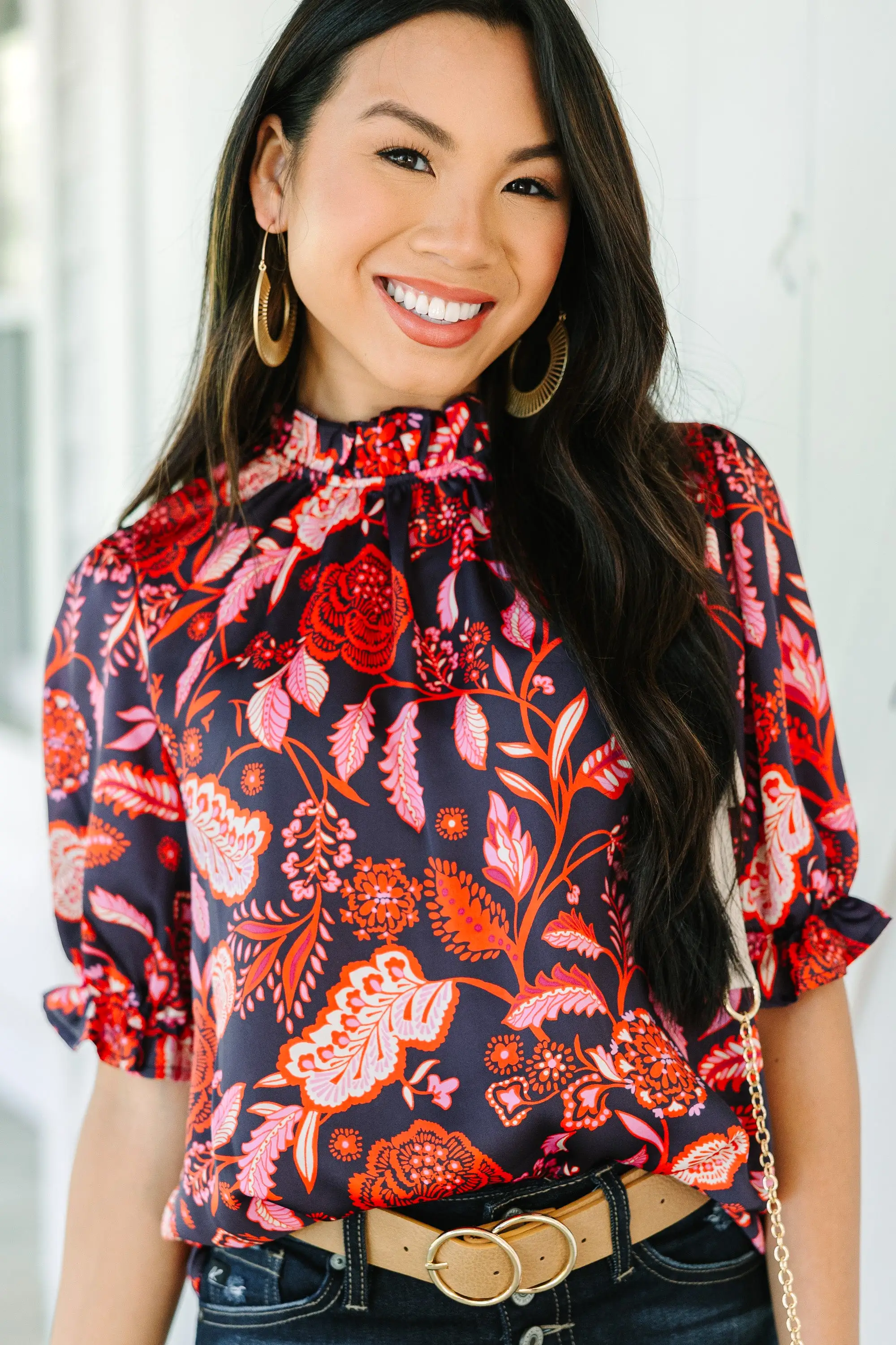 Feelings Of Love Navy Blue Floral Blouse