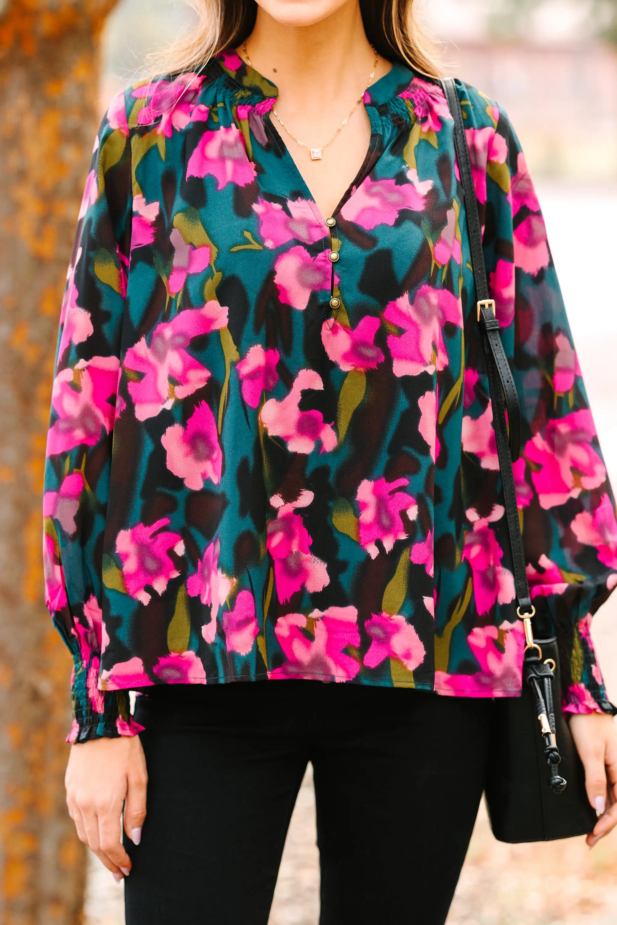 Get What You Need Hunter Green Floral Blouse