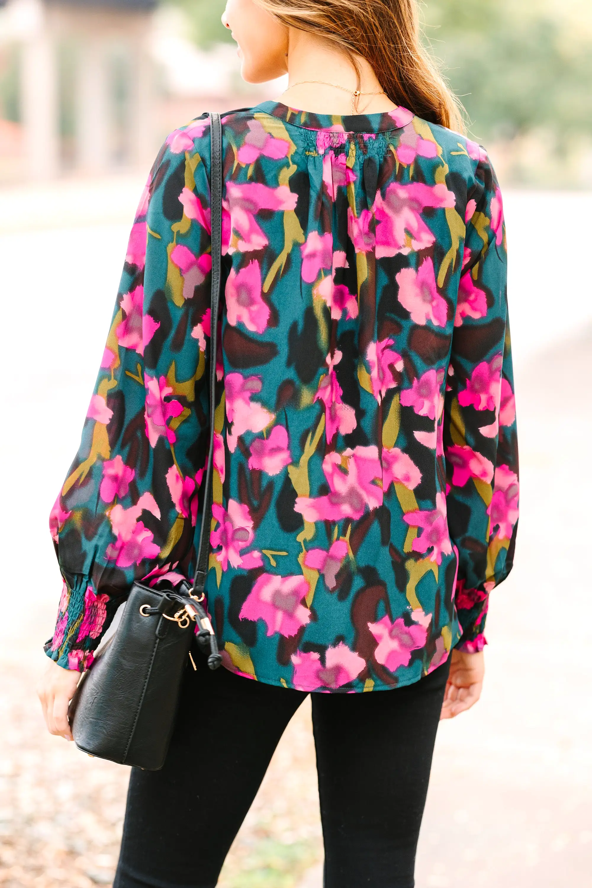 Get What You Need Hunter Green Floral Blouse