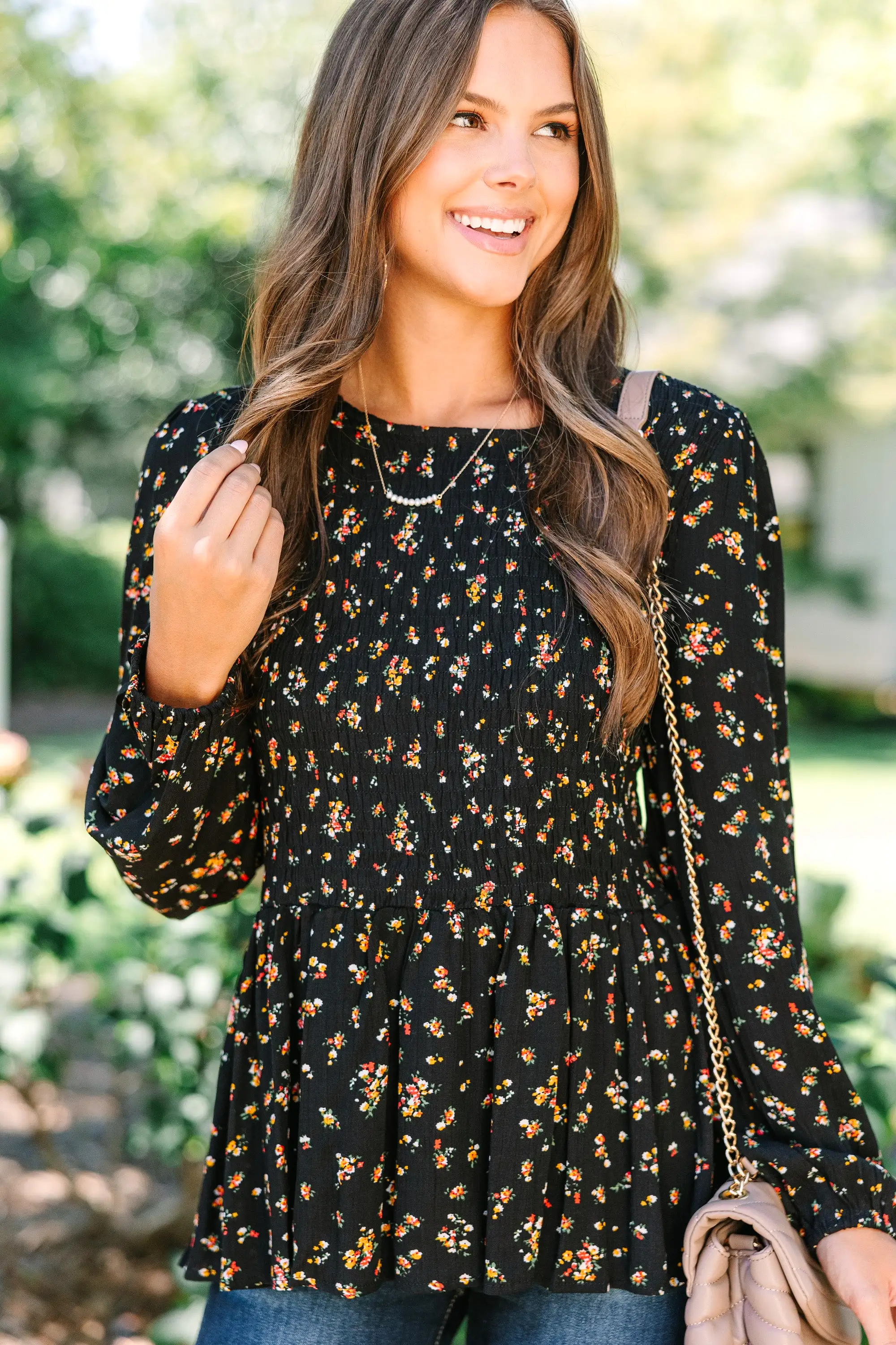 Getting Close Black Ditsy Floral Blouse