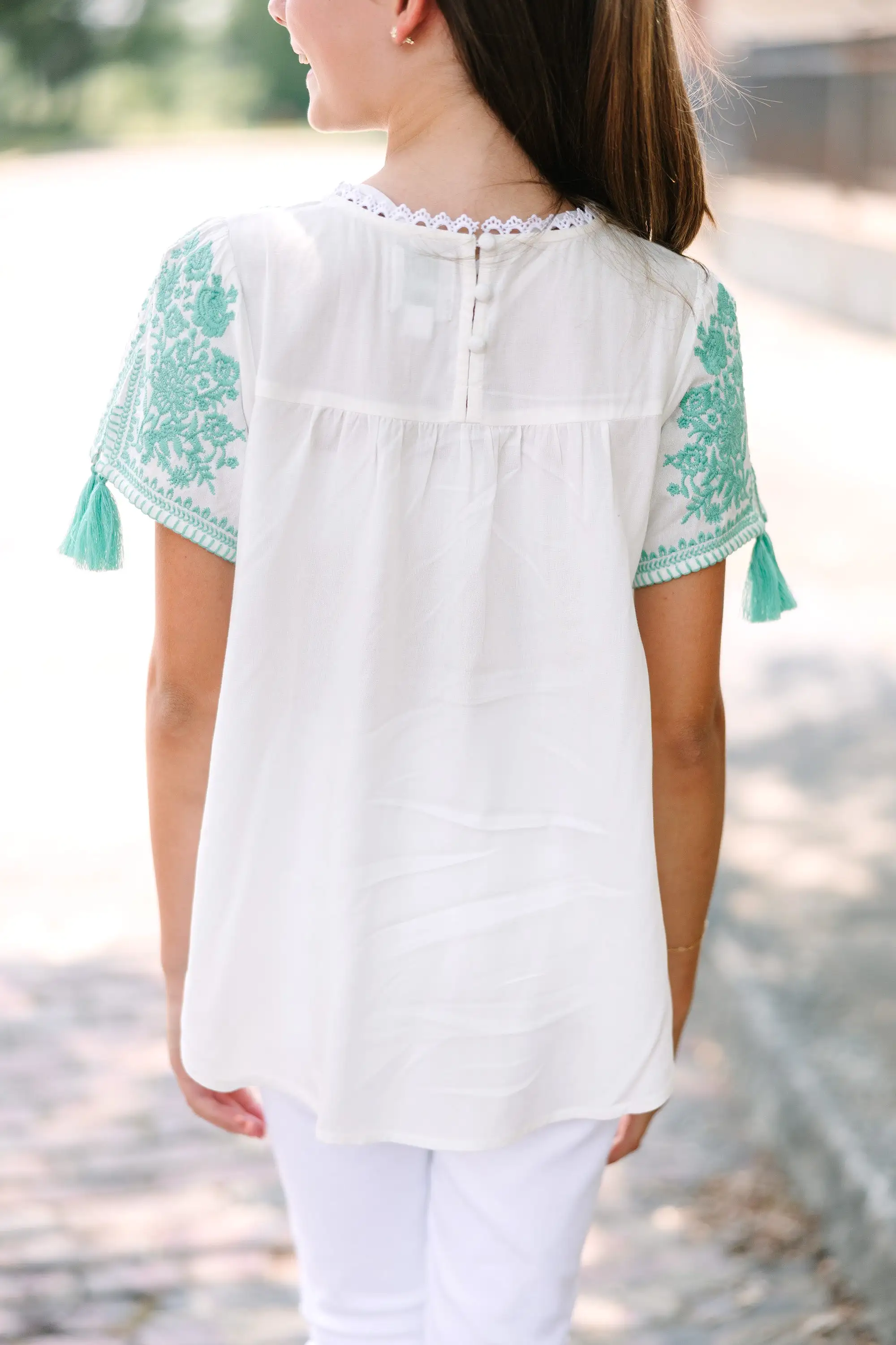 Girls: All The Info I Need Green Embroidered Top