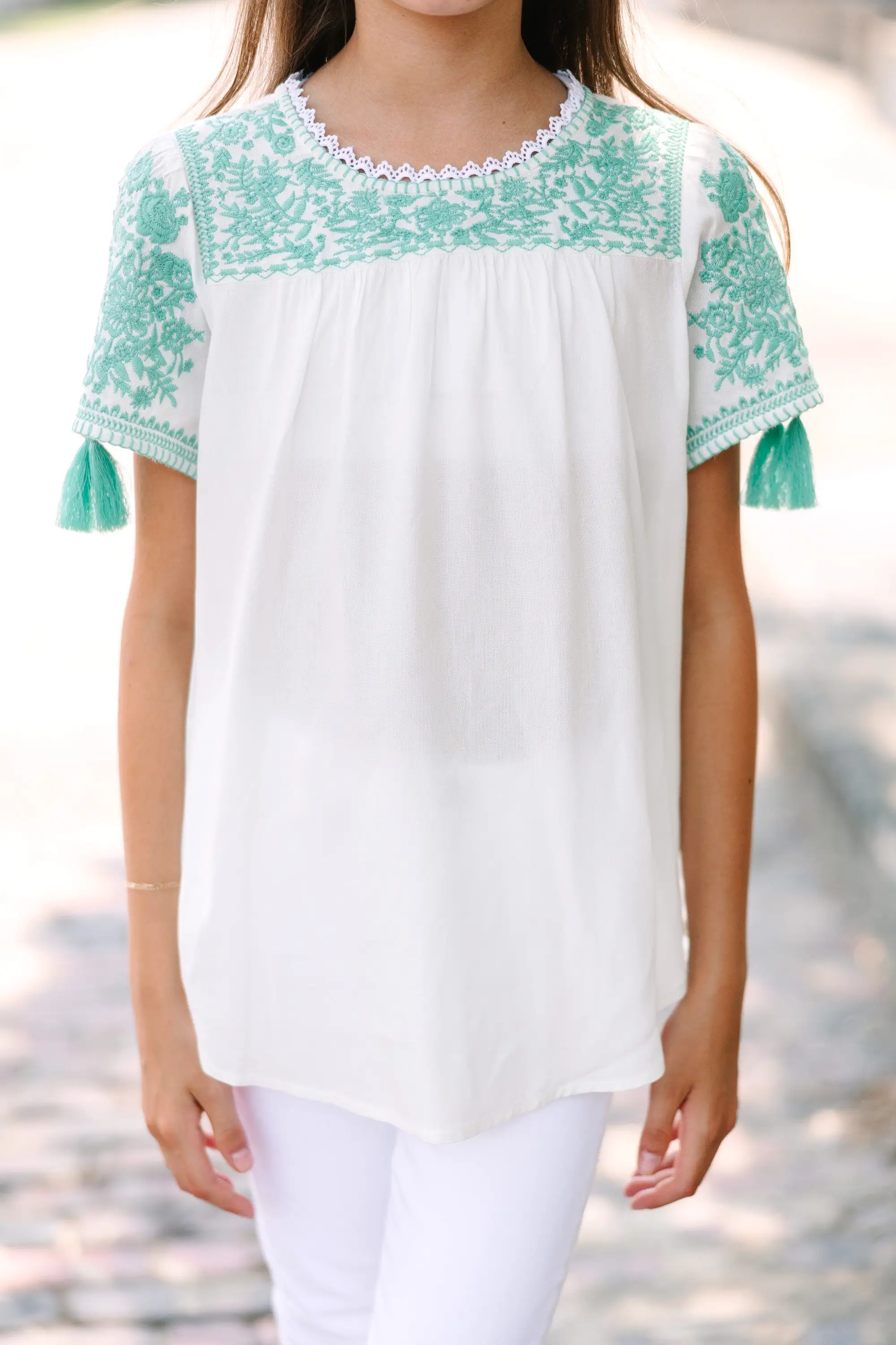 Girls: All The Info I Need Green Embroidered Top