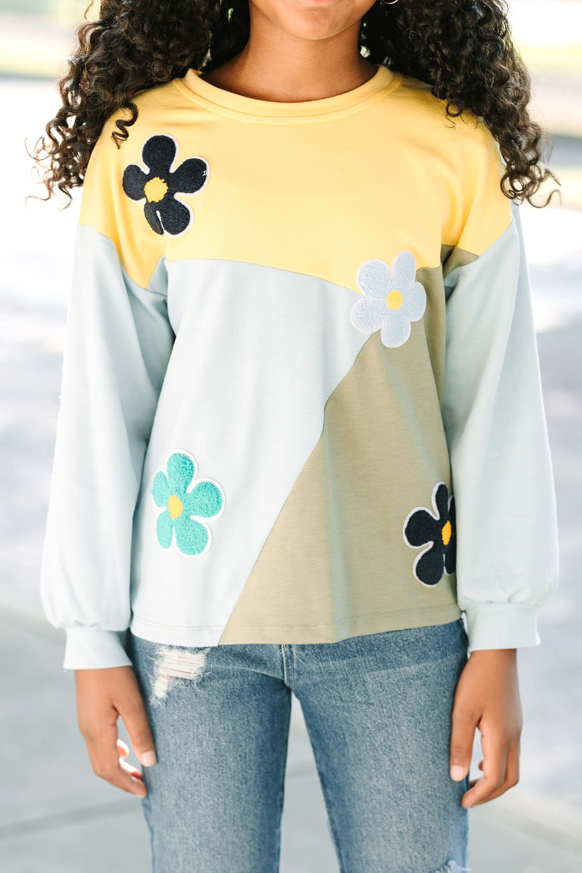 Girls: Go For It Blue Floral Applique Pullover