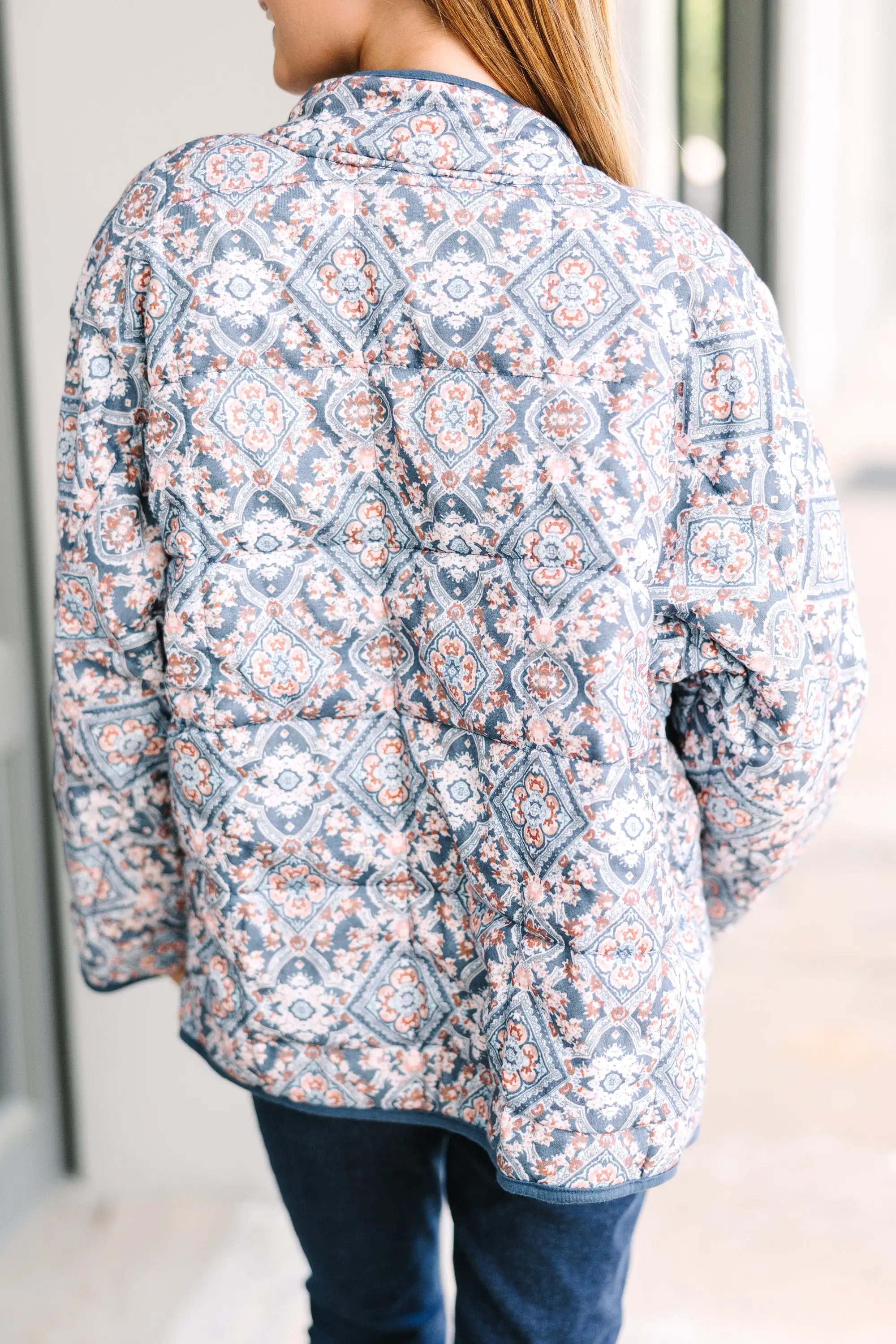 Girls: See It Through Blue Paisley Quilted Jacket