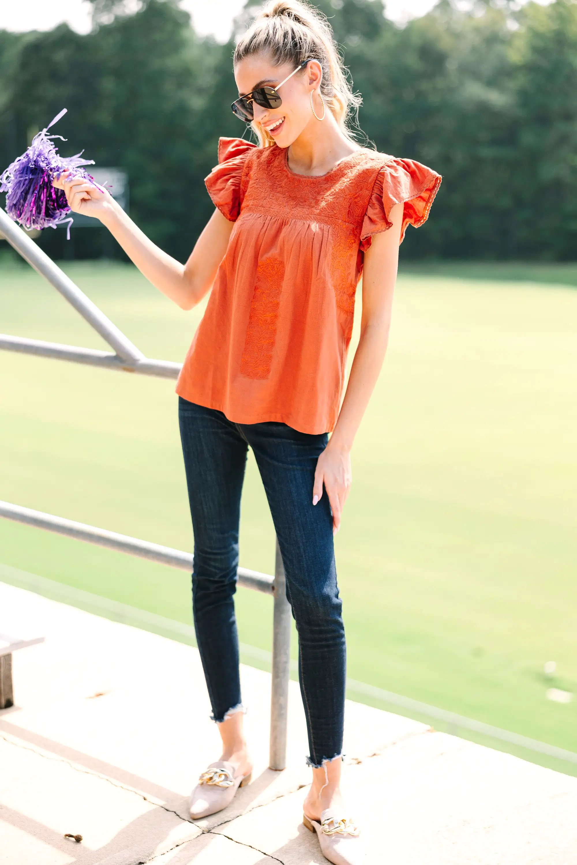 J. Marie: Choose Wisely Rust Orange Embroidered Top