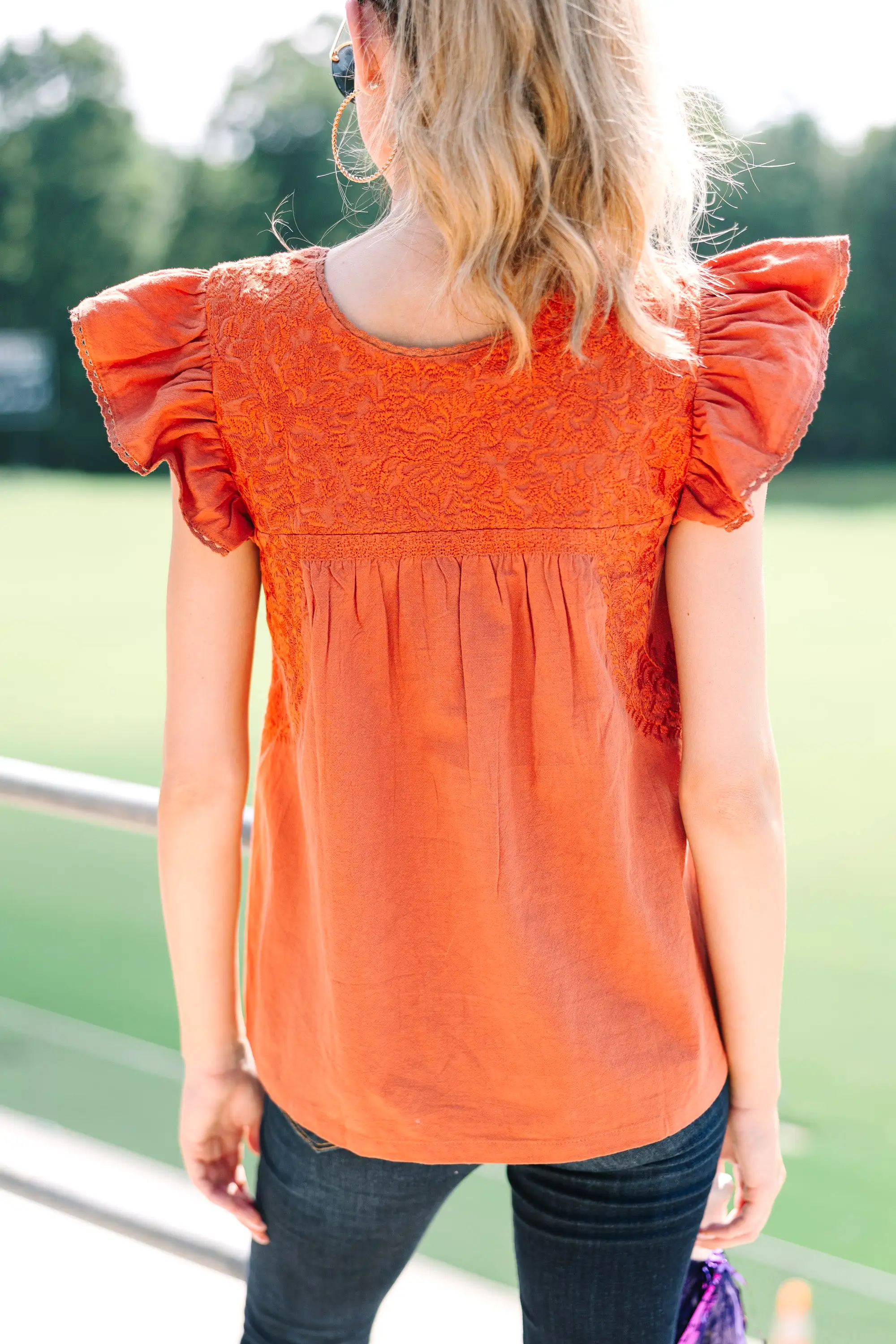 J. Marie: Choose Wisely Rust Orange Embroidered Top