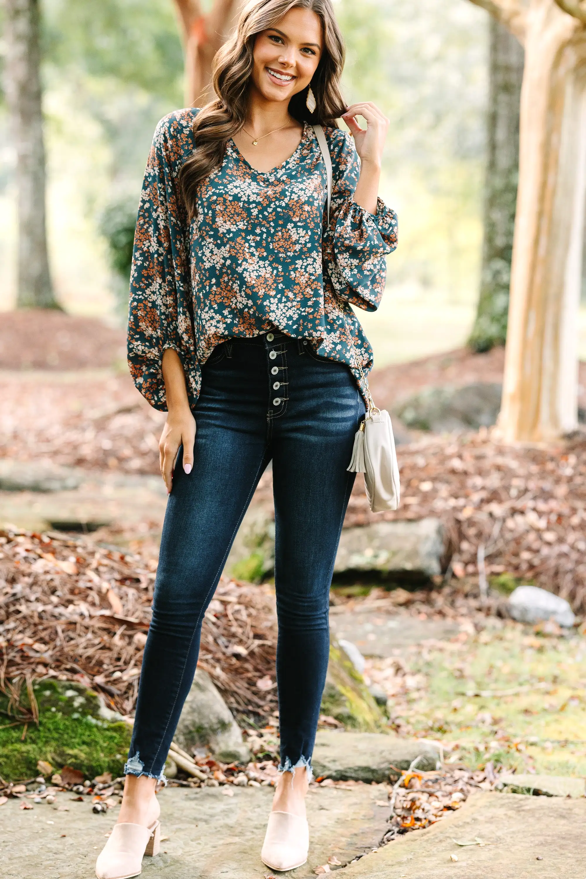 Let's Be Clear Teal Blue Ditsy Floral Bubble Sleeve Blouse