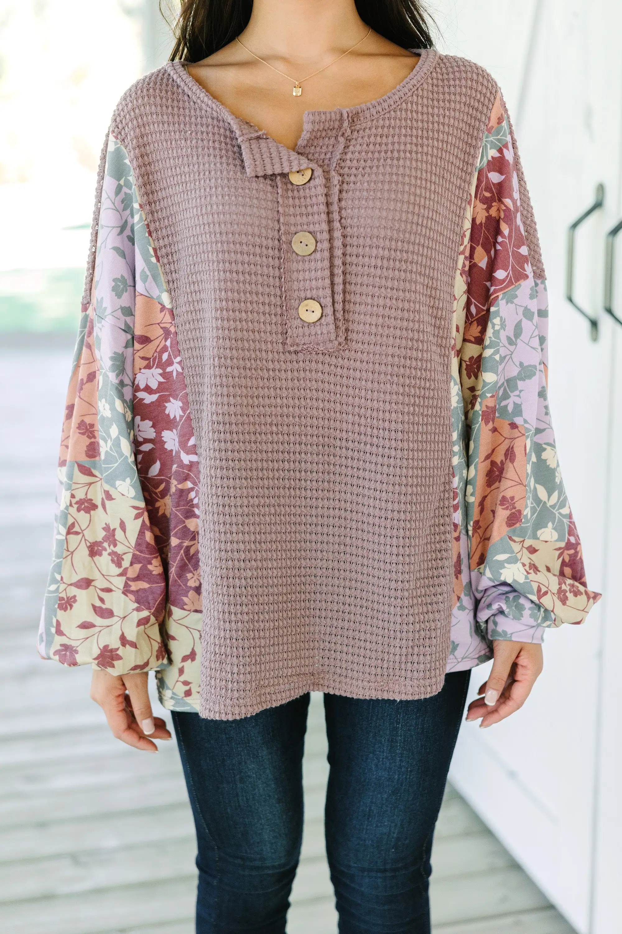 Let's Begin Mauve Pink Floral Sleeve Top