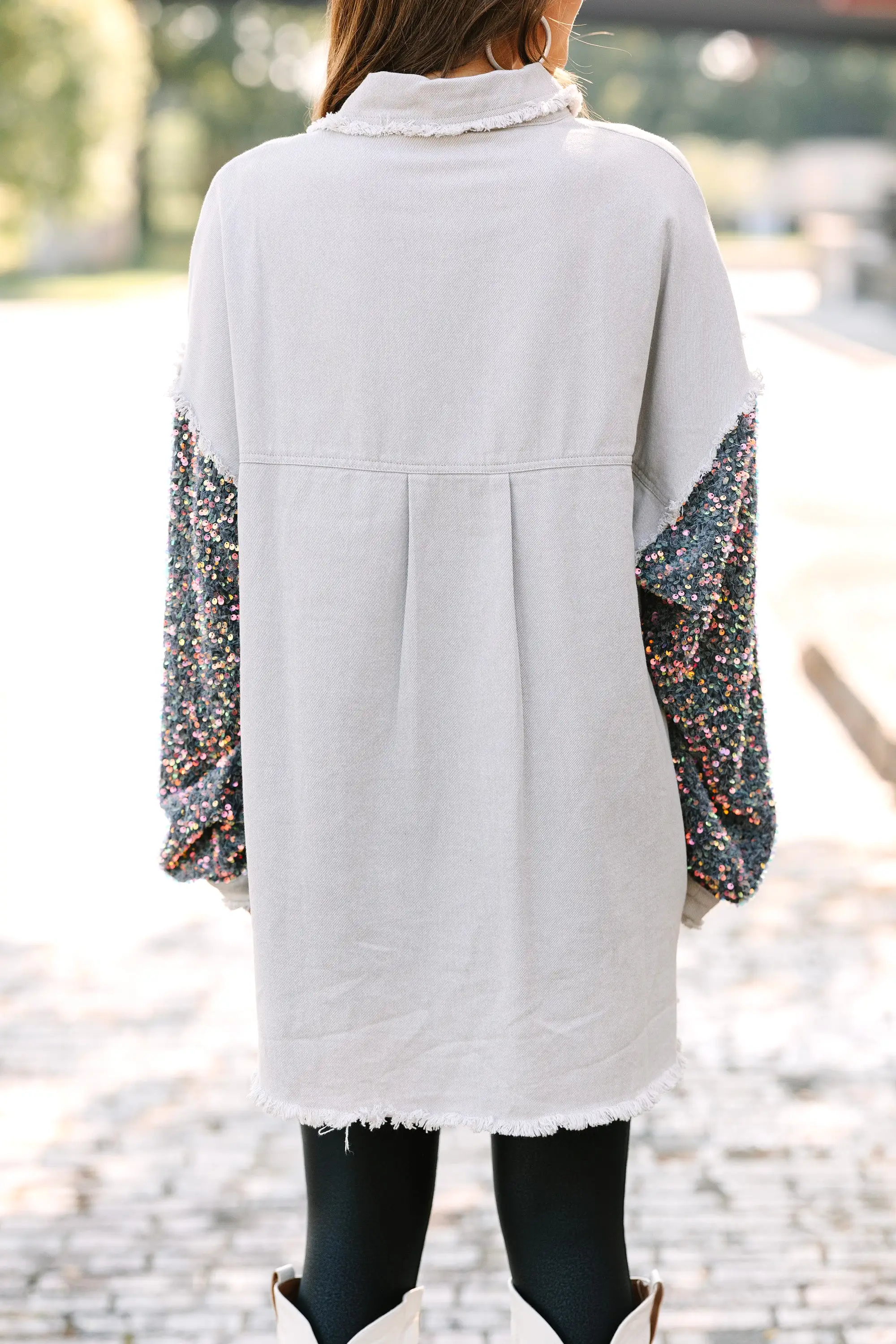 Let's Go Light Gray Sequin Sleeve Shacket