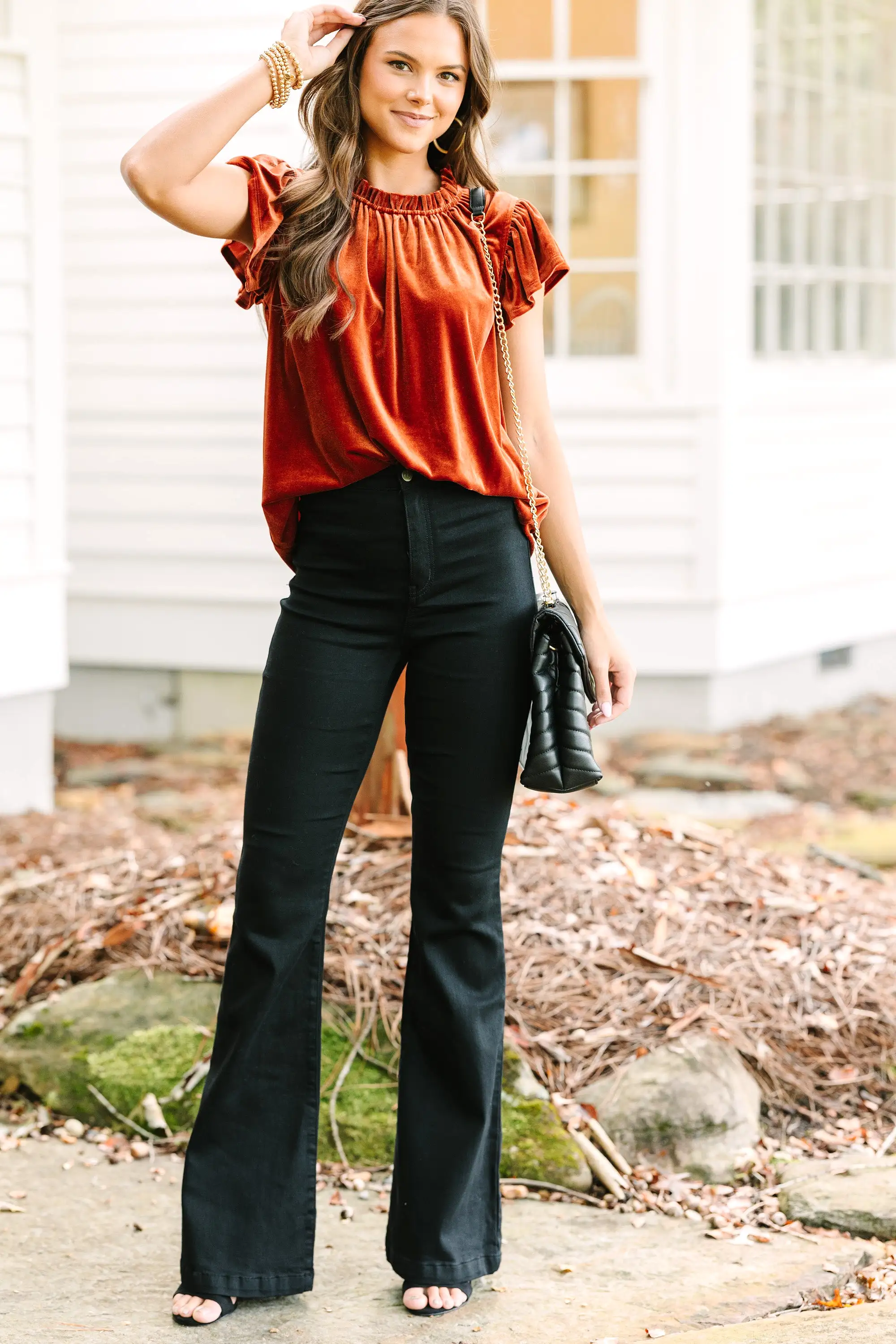 Looking That Way Brick Orange Velvet Blouse