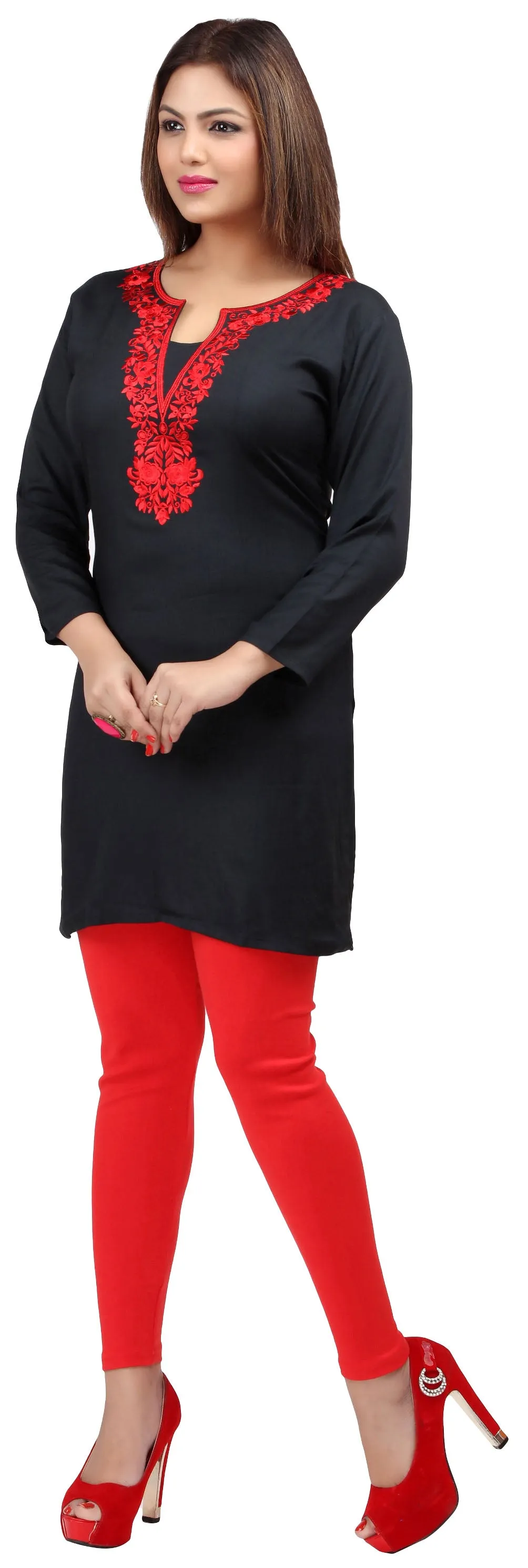 Maple Clothing India Women's Tunic Top Embroidered Kurti (Black/Red)