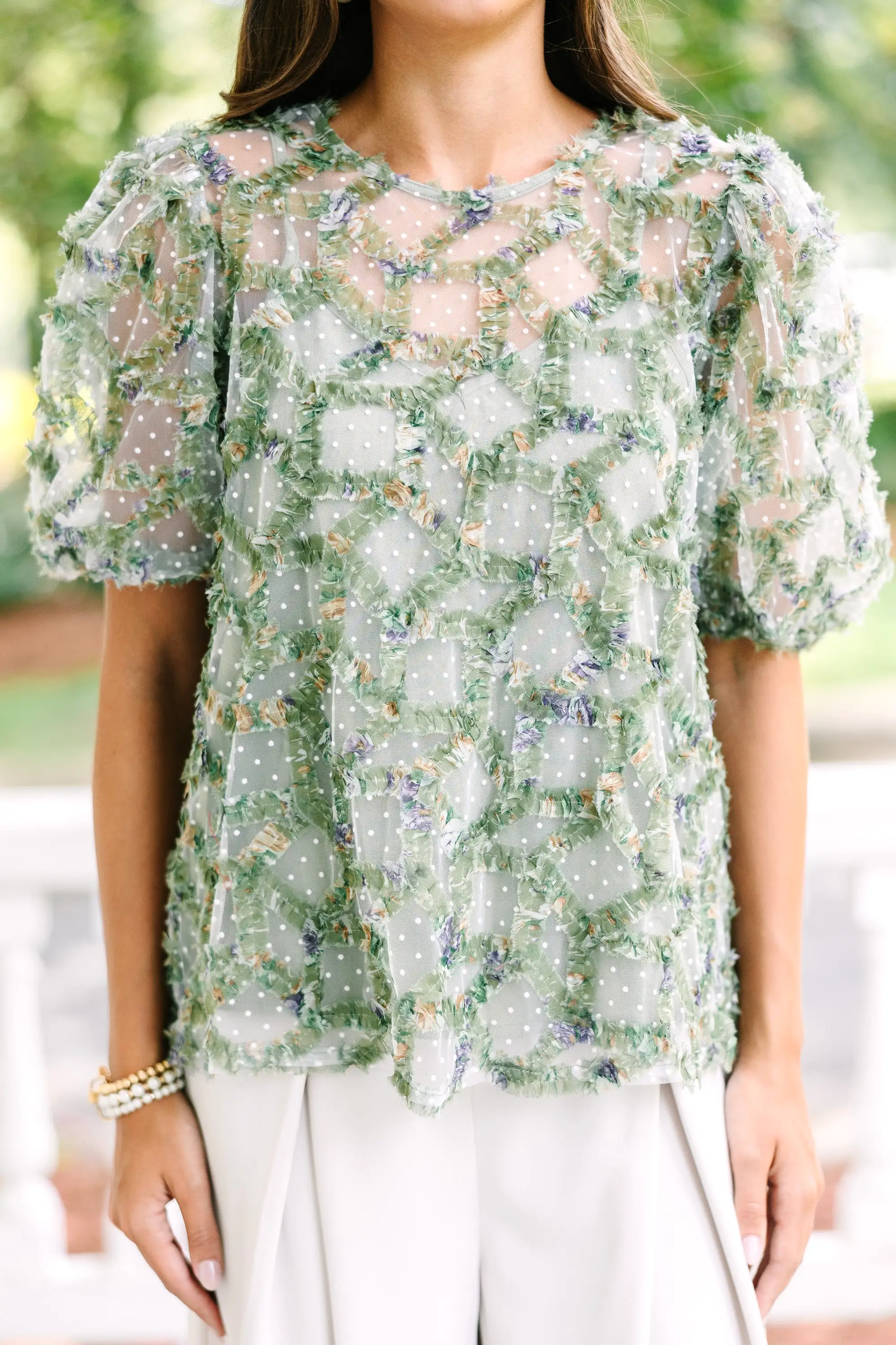 Meet In The Garden Olive Green Textured Floral Blouse