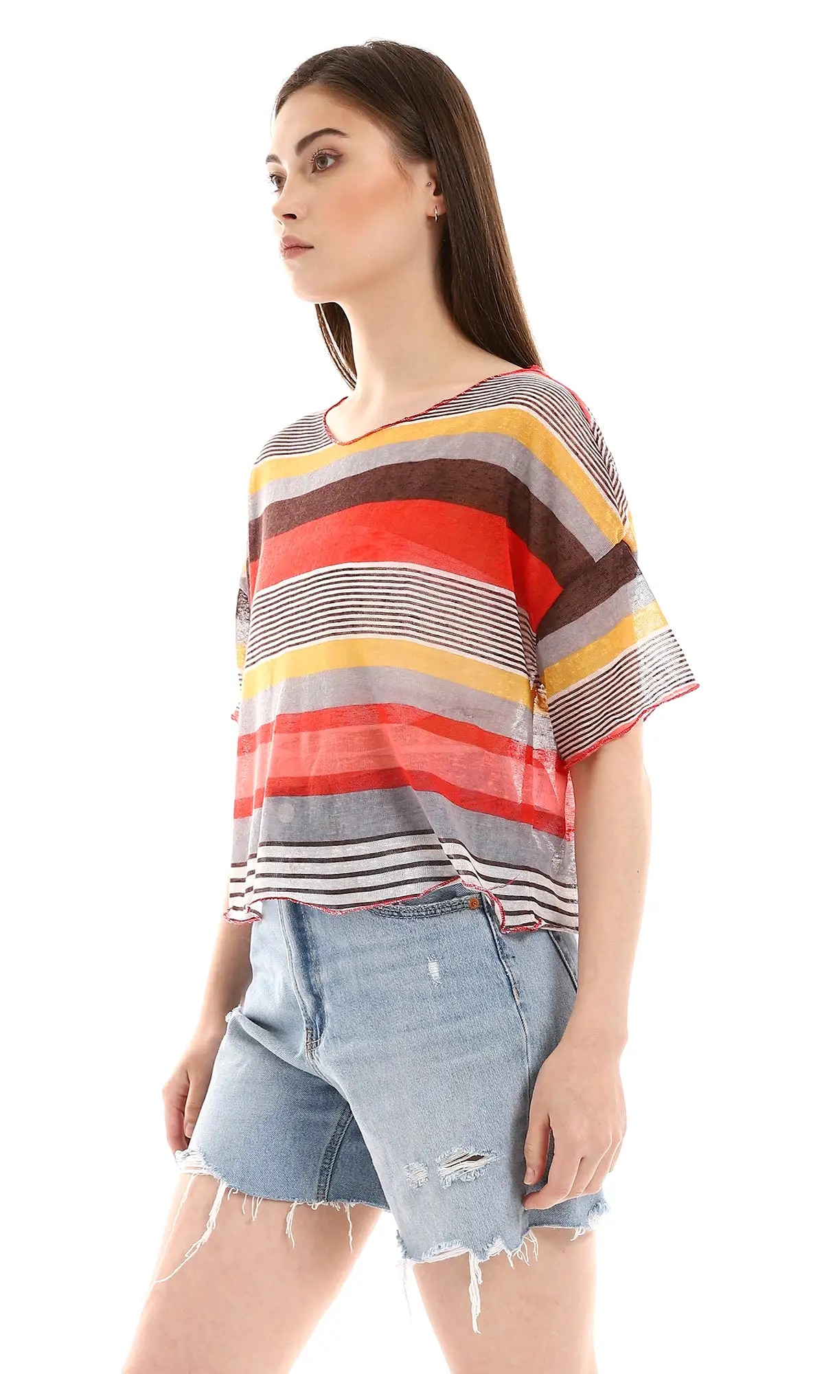 O166328 Multi-Striped Summer Top - Brown, Watermelon & Mustard