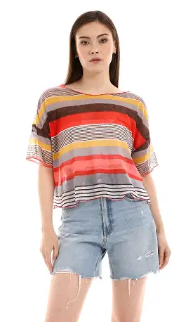 O166328 Multi-Striped Summer Top - Brown, Watermelon & Mustard