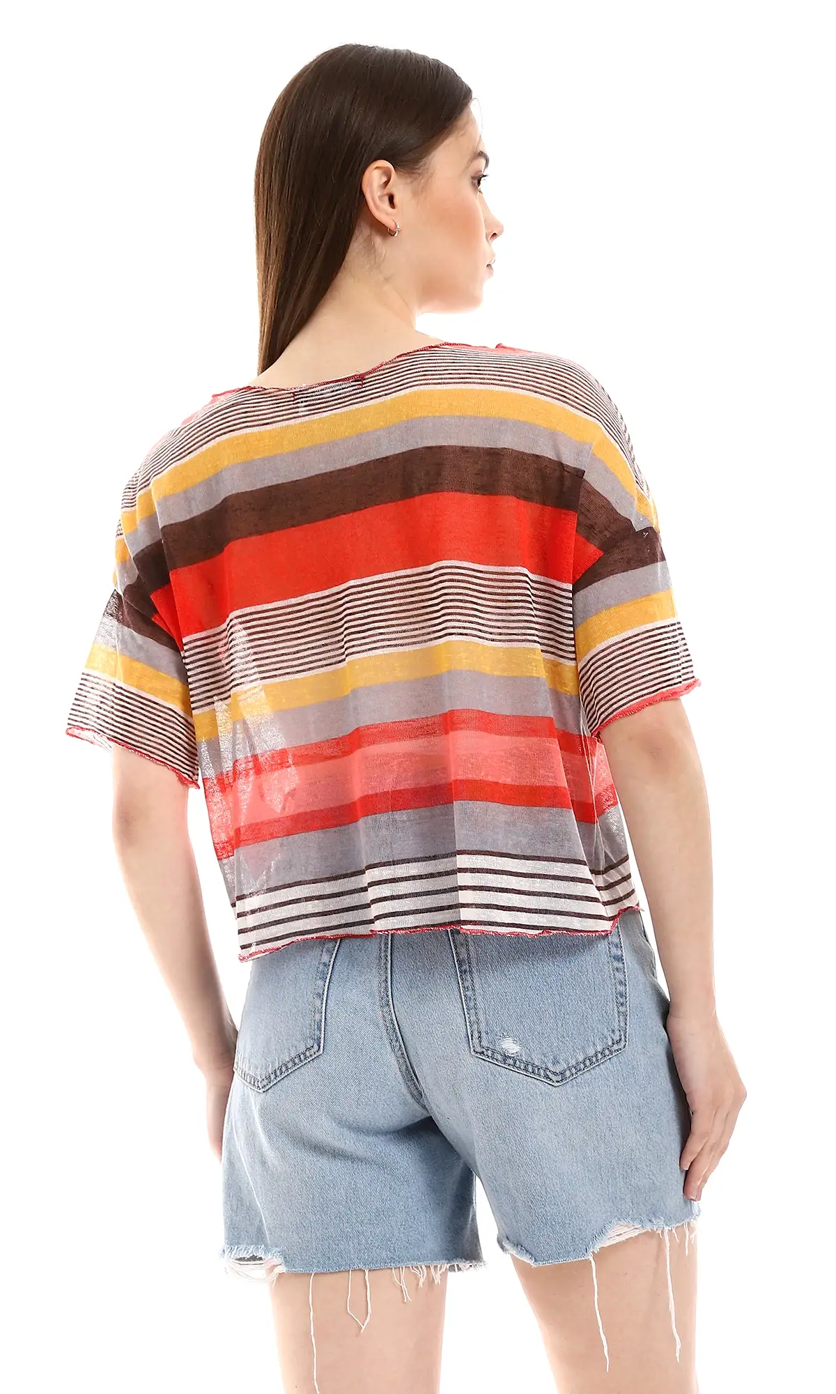 O166328 Multi-Striped Summer Top - Brown, Watermelon & Mustard