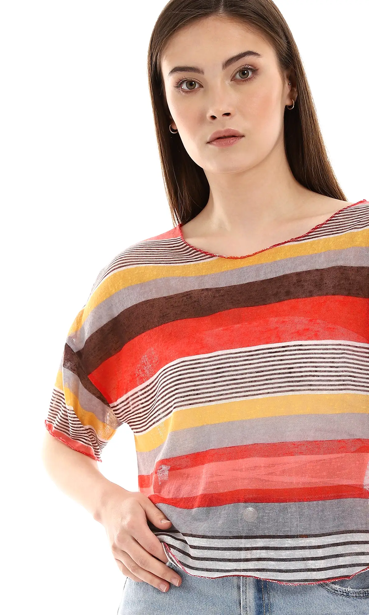 O166328 Multi-Striped Summer Top - Brown, Watermelon & Mustard