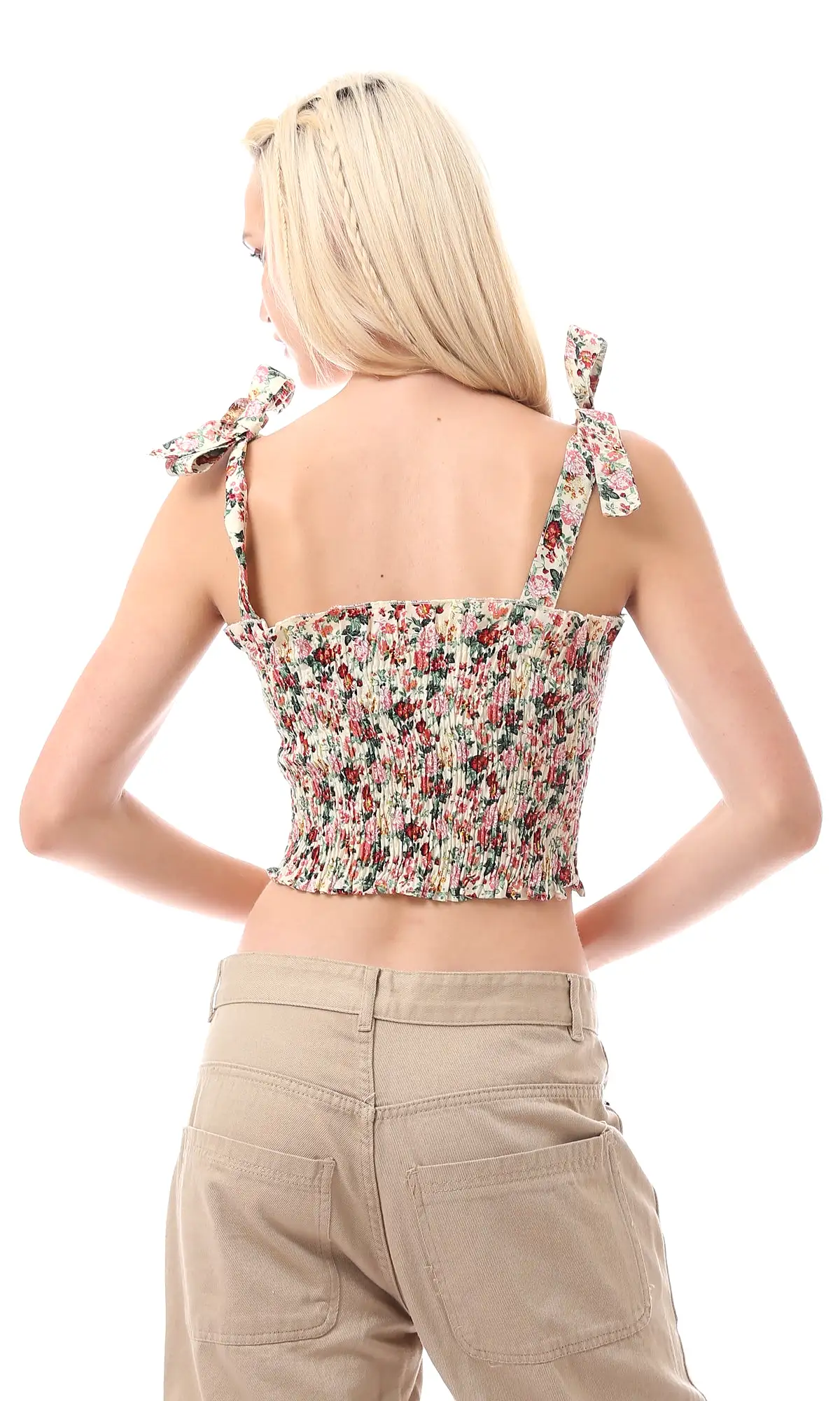 O167898 Lace Up Sleeves Beige Floral Crop Top