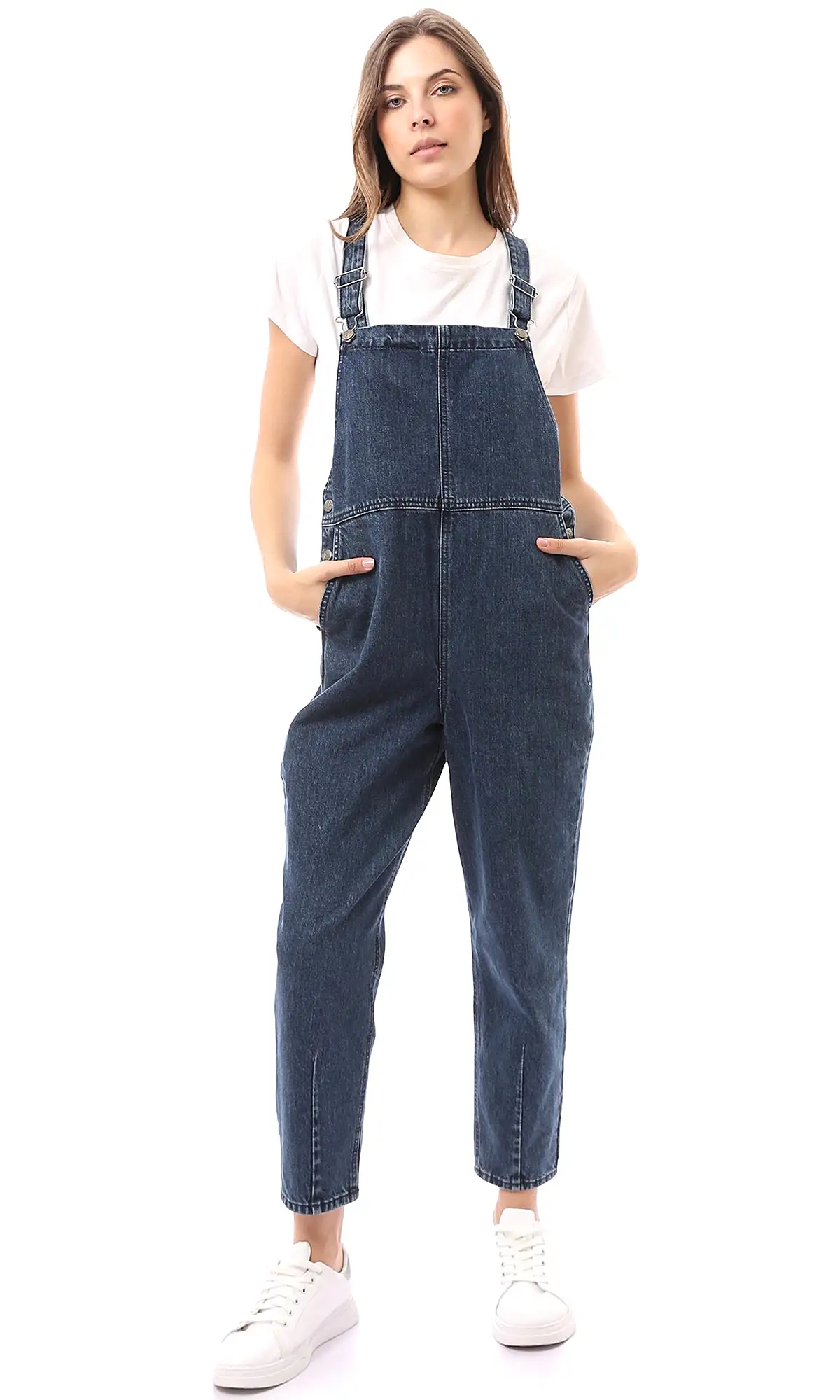 O168670 Sleeveless Vintage Regular Fit Navy Blue Denim Jumpsuit