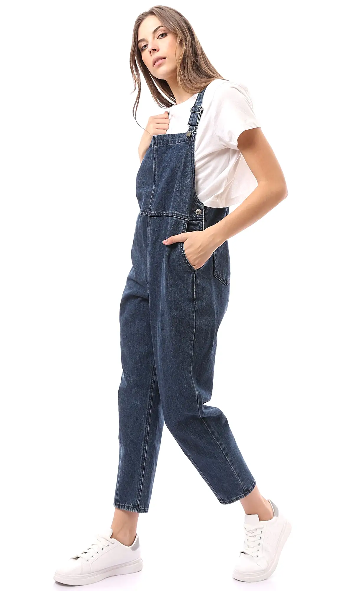 O168670 Sleeveless Vintage Regular Fit Navy Blue Denim Jumpsuit