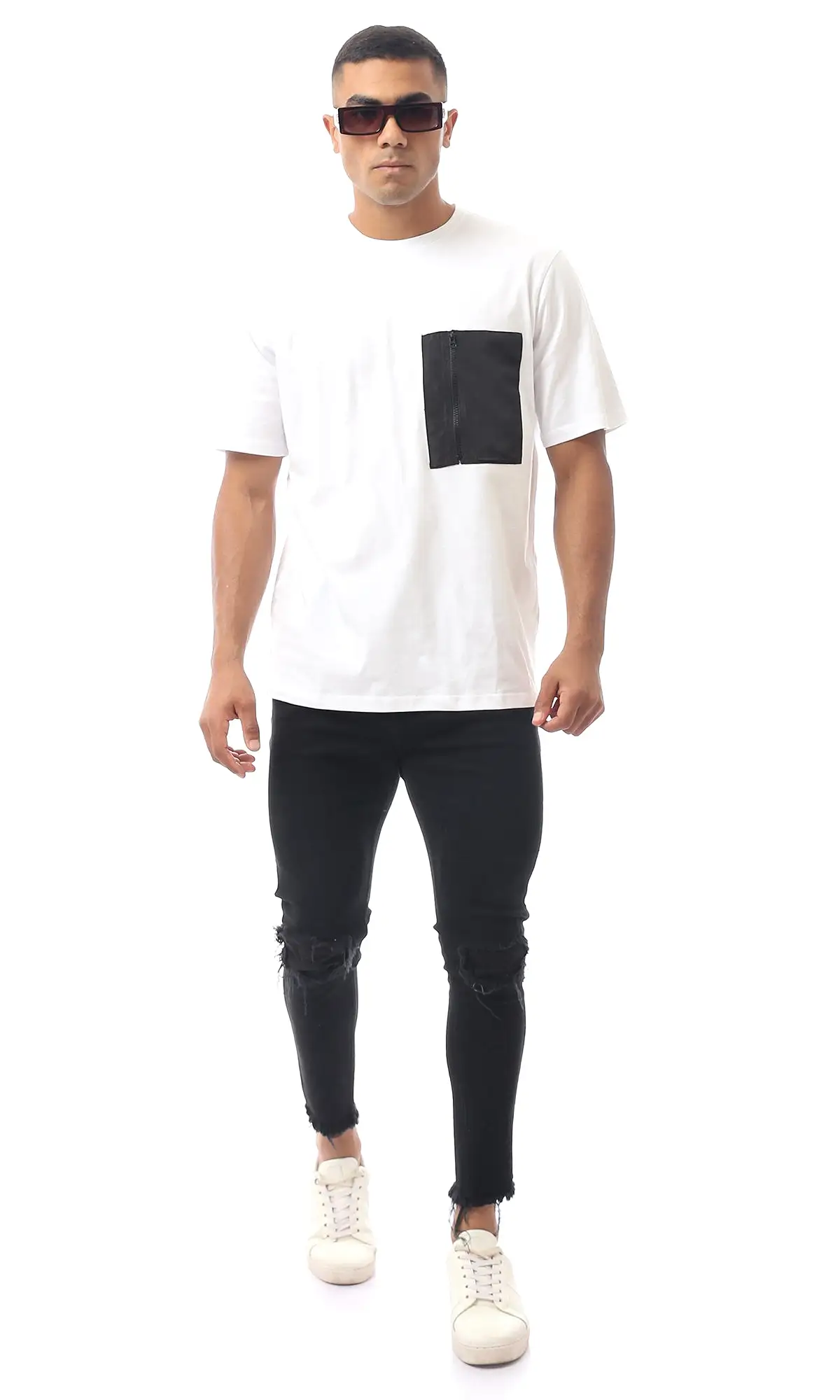 O170304 White Slip On Tee With Pocket & Zipper