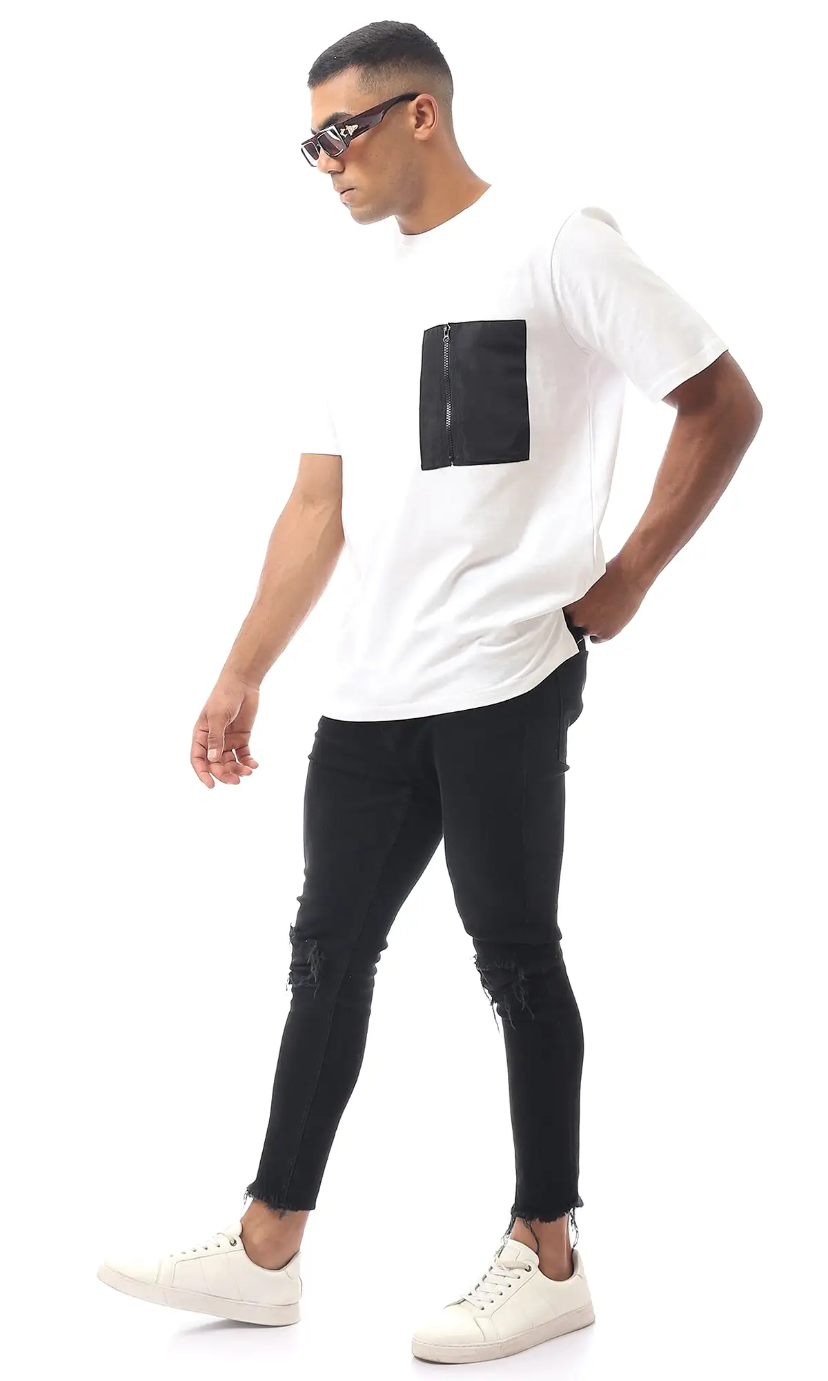 O170304 White Slip On Tee With Pocket & Zipper