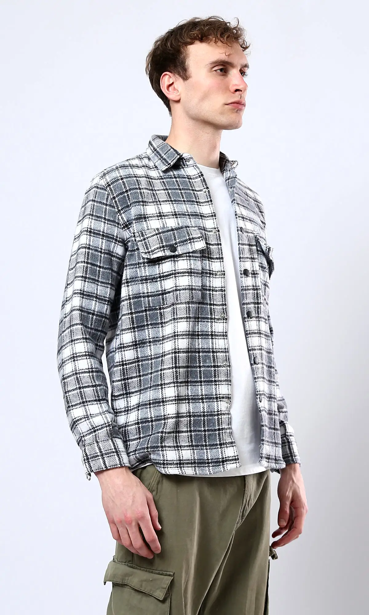 O180405 Plaids Dark Grey & White Buttoned Winter Shirt