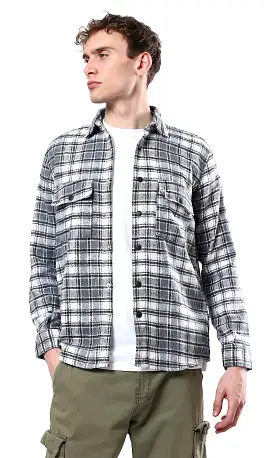 O180405 Plaids Dark Grey & White Buttoned Winter Shirt