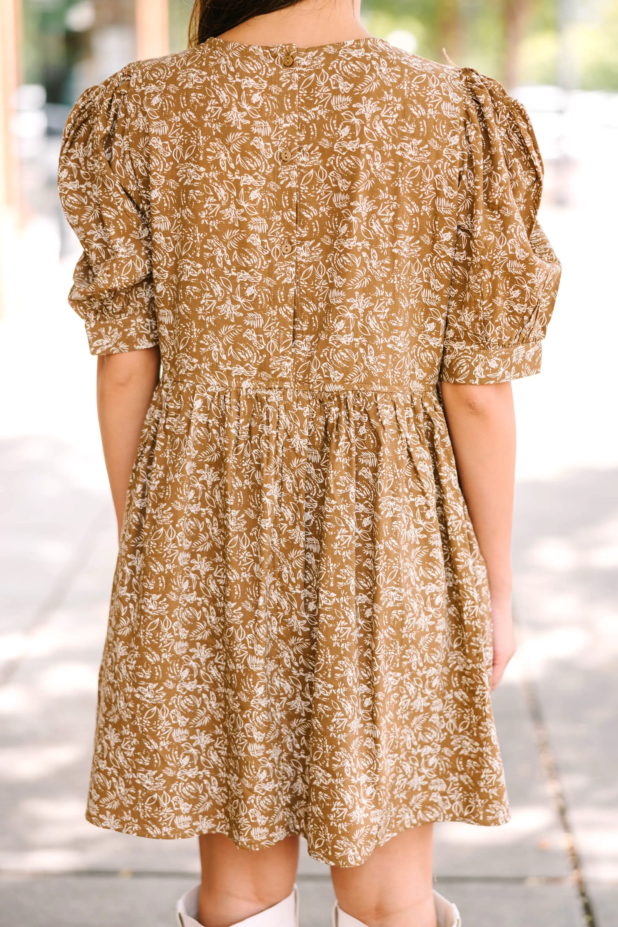 Oh So Thankful Butterscotch Brown Ditsy Floral Babydoll Dress