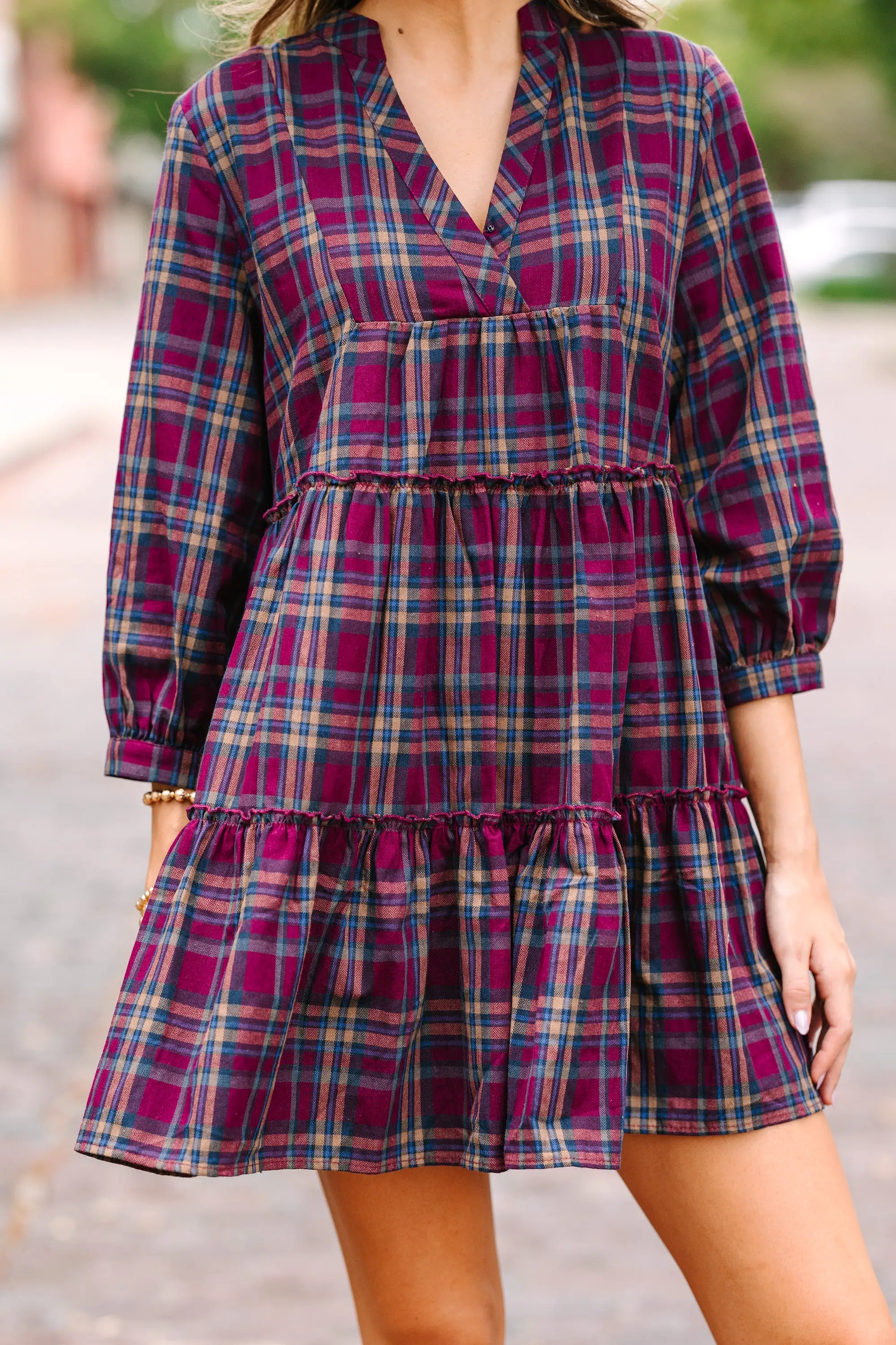 On Your Way Plum Purple Plaid Babydoll Dress