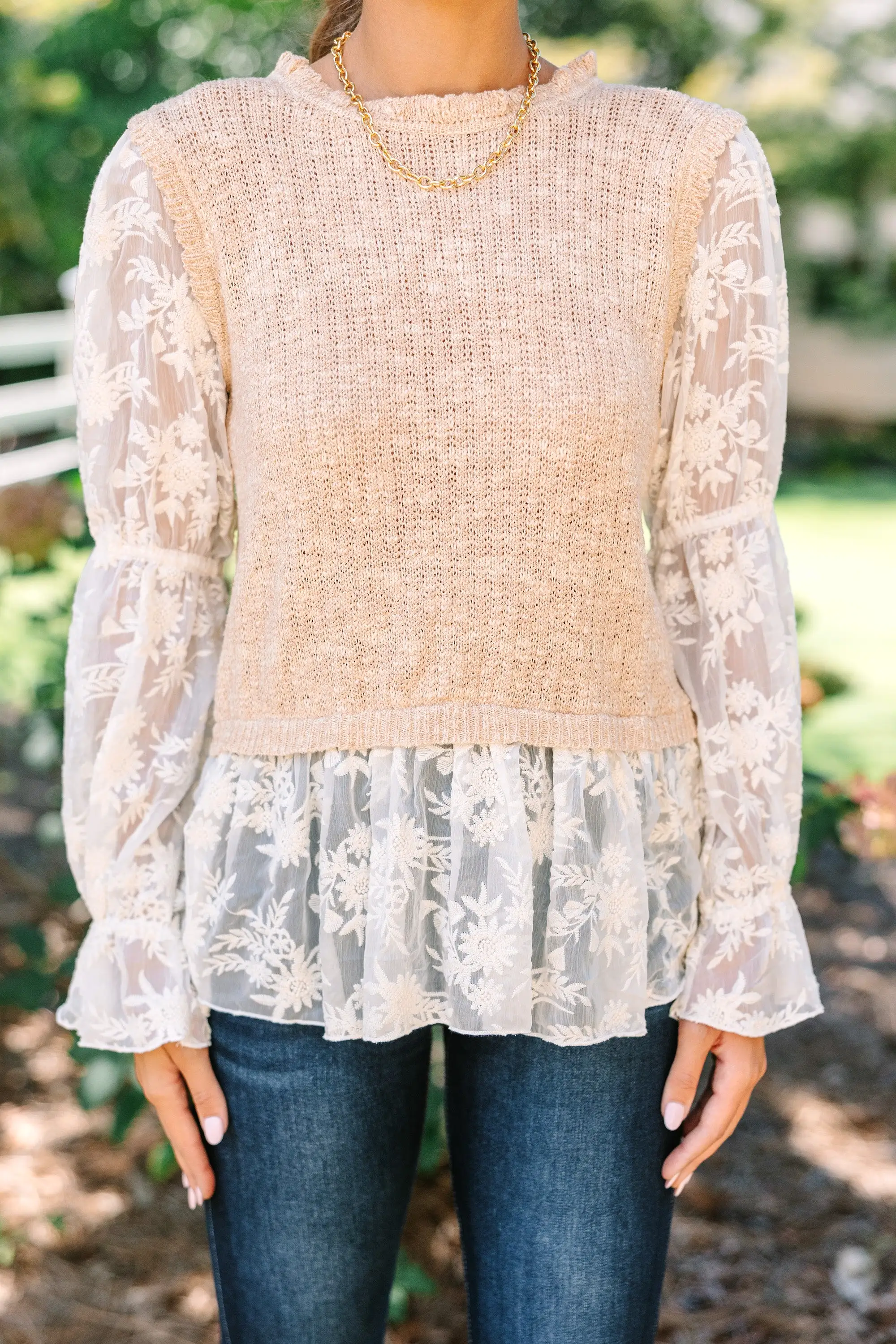 On Your Way Taupe Brown Lace Blouse