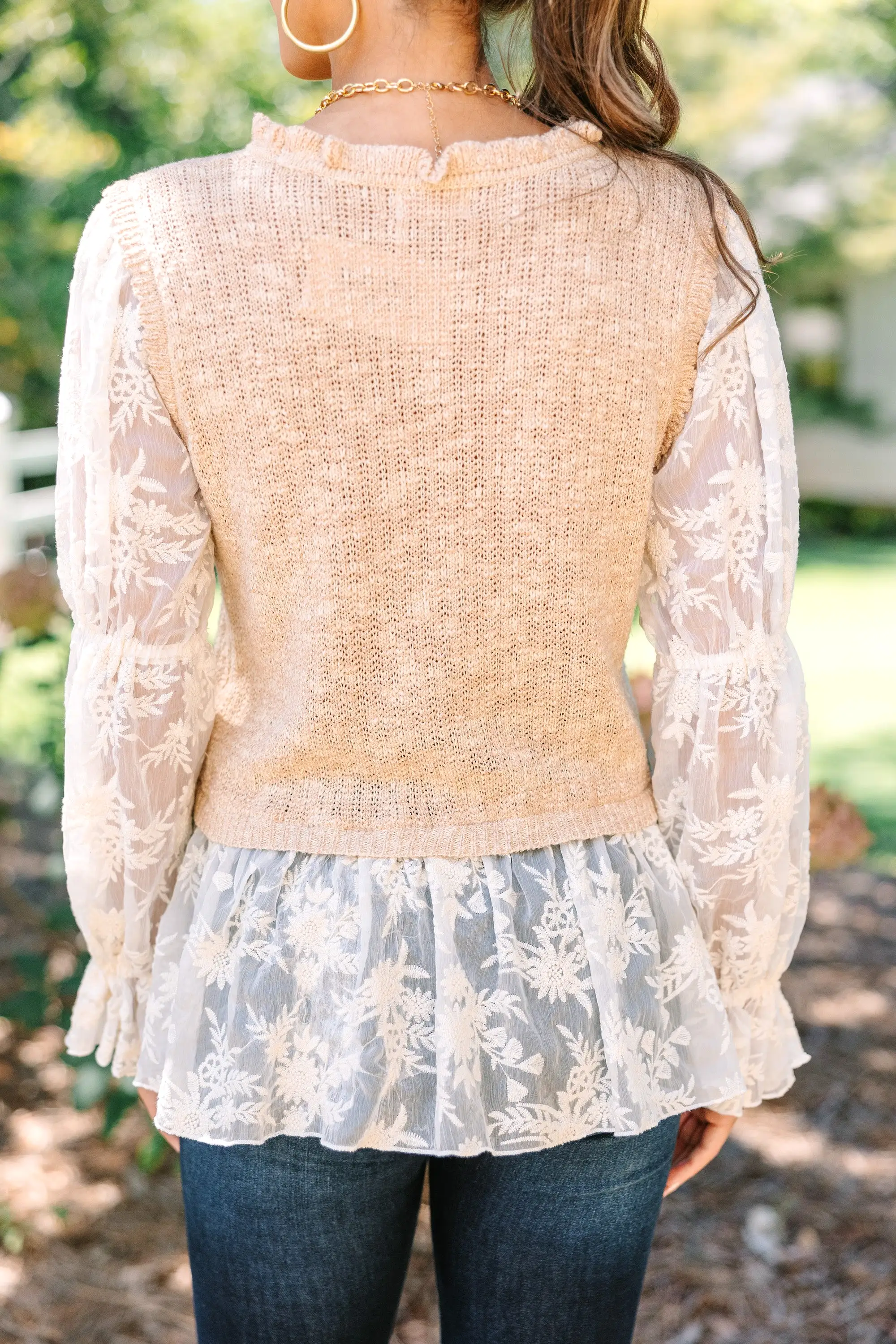 On Your Way Taupe Brown Lace Blouse