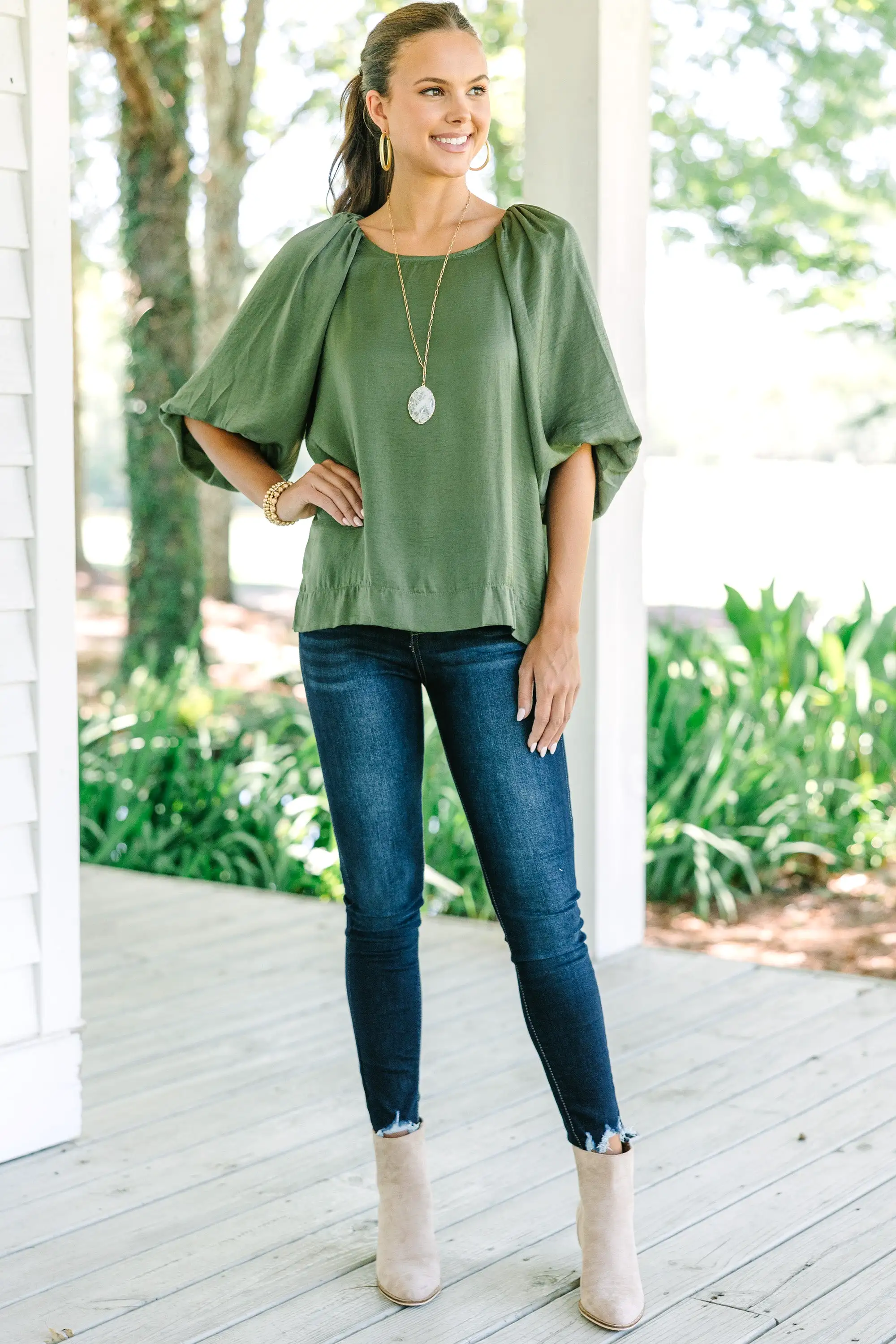 Point It Out Olive Green Satin Blouse